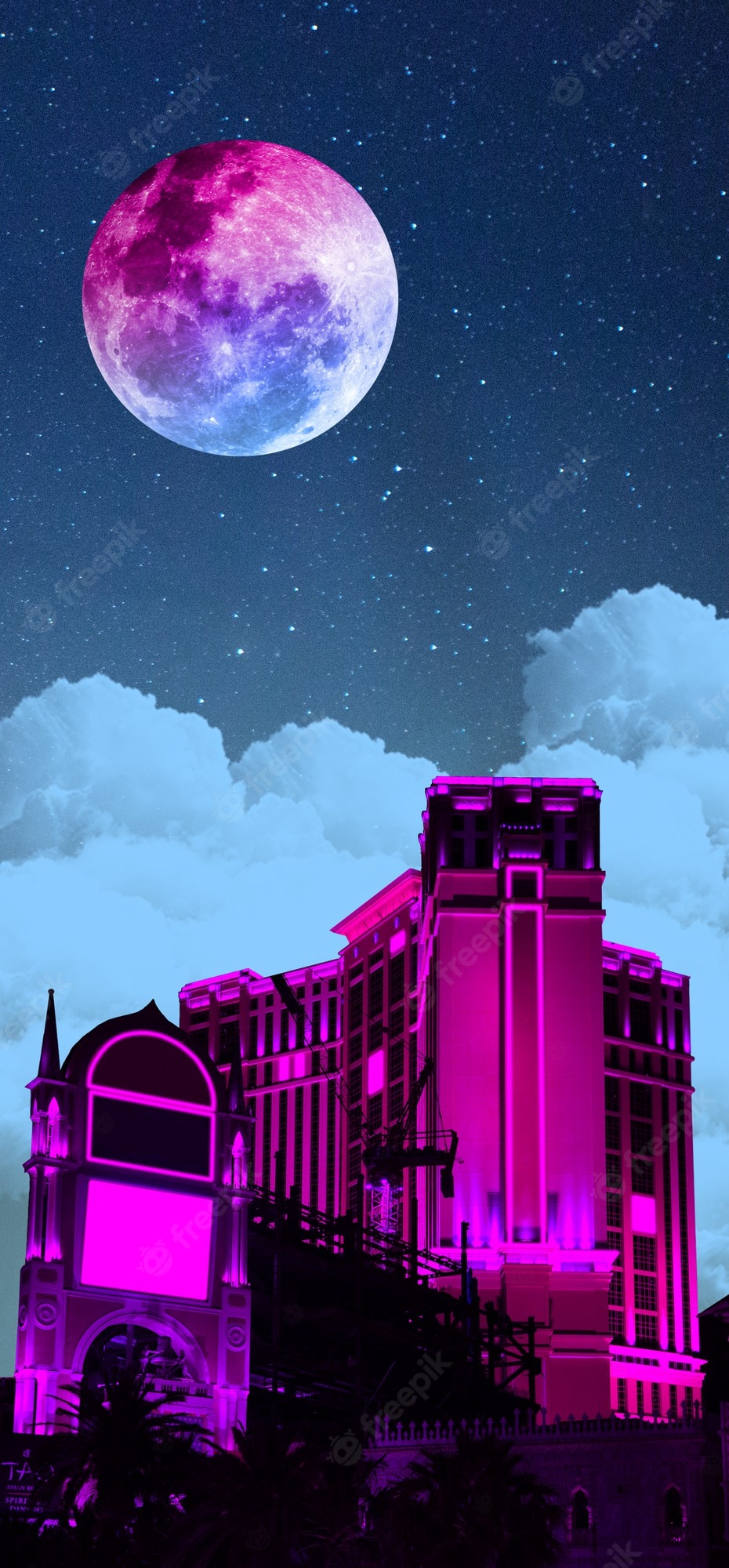 A purple hotel building with a purple moon in the background - Lo fi