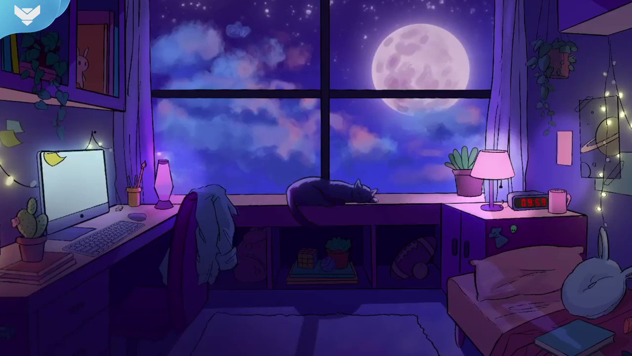 A bedroom with a large window and a full moon outside. - Lo fi