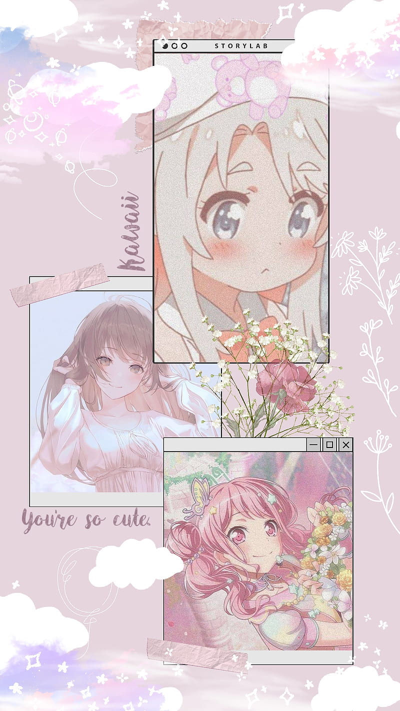 A collage of three pictures with clouds in the background - Pink anime
