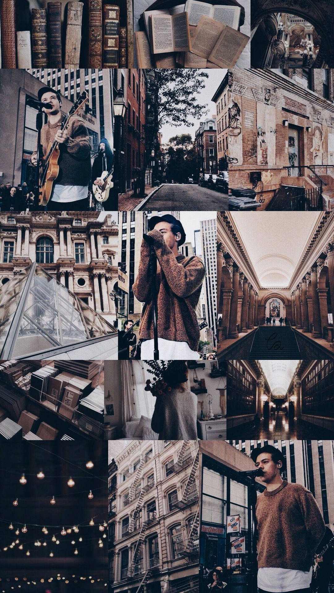 Aesthetic collage of the Harry Potter series, with a man holding an umbrella and a book. - Harry Styles