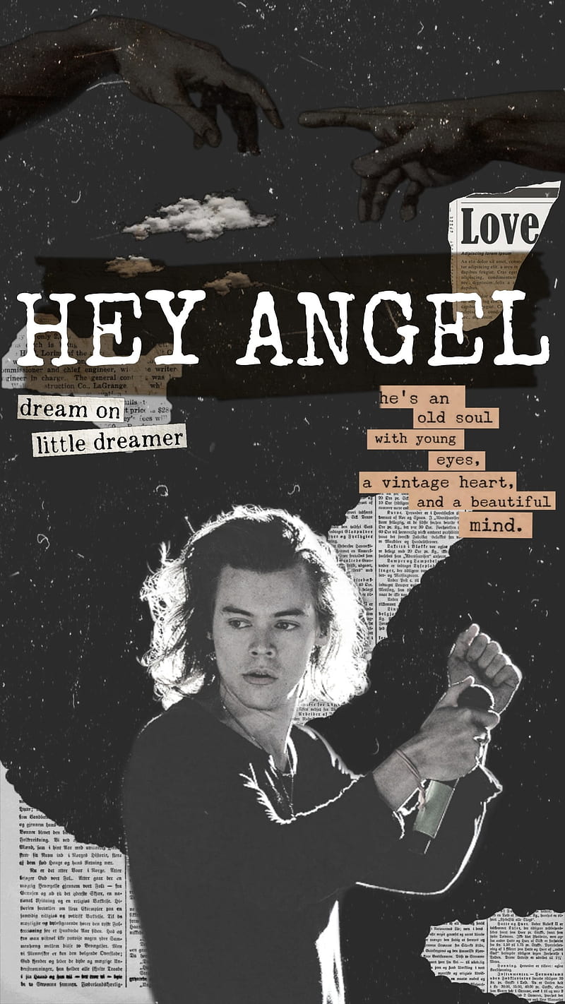 A black and white collage of Harry Styles with the words 