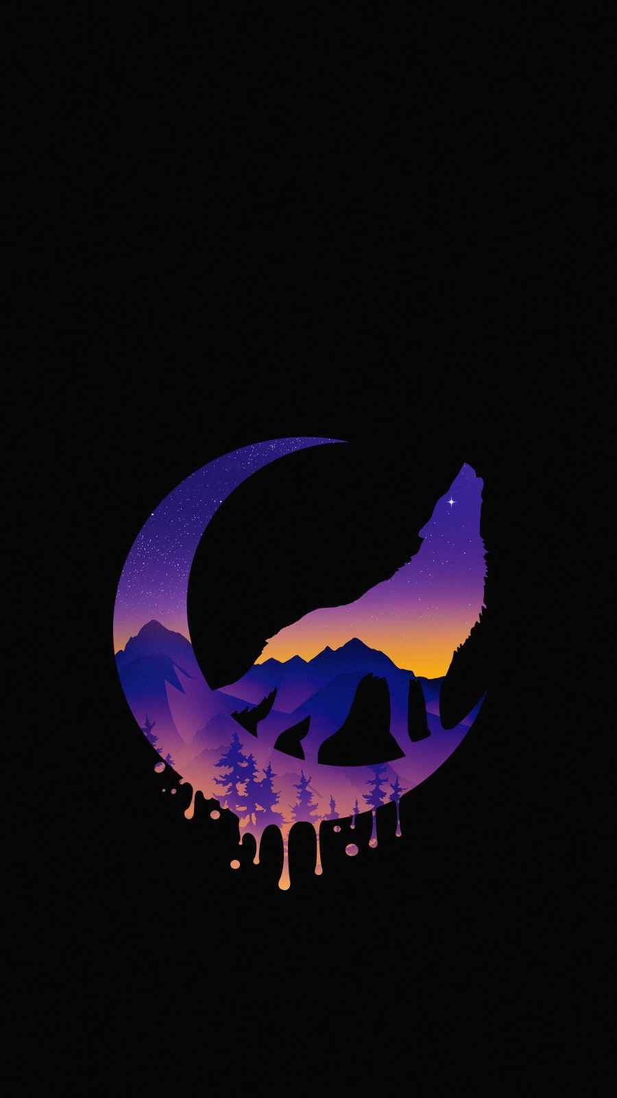 The image of a wolf on top with mountains and stars - Wolf, eclipse