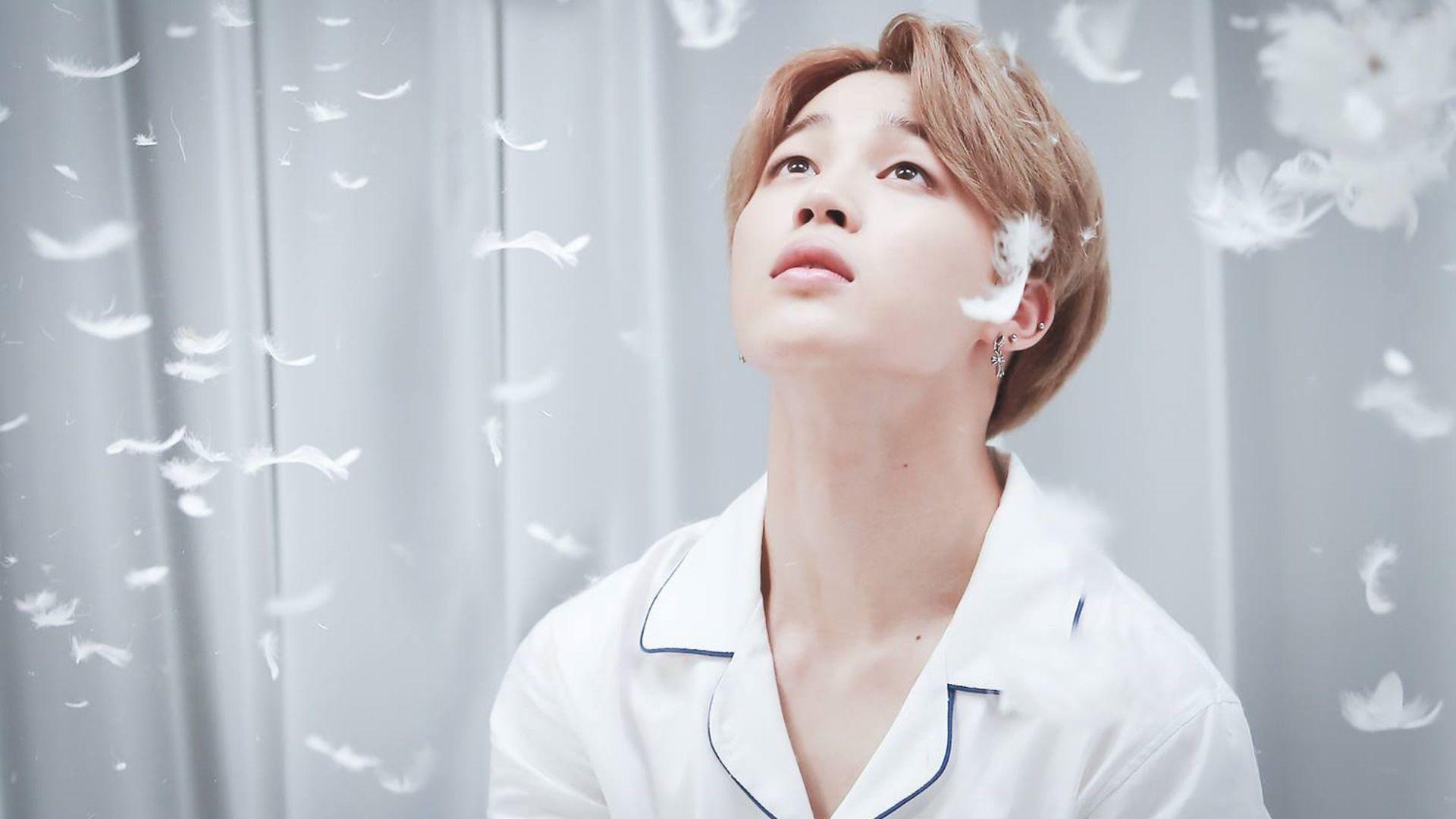 A Jungkook wallpaper with him looking up at falling feathers - Jimin