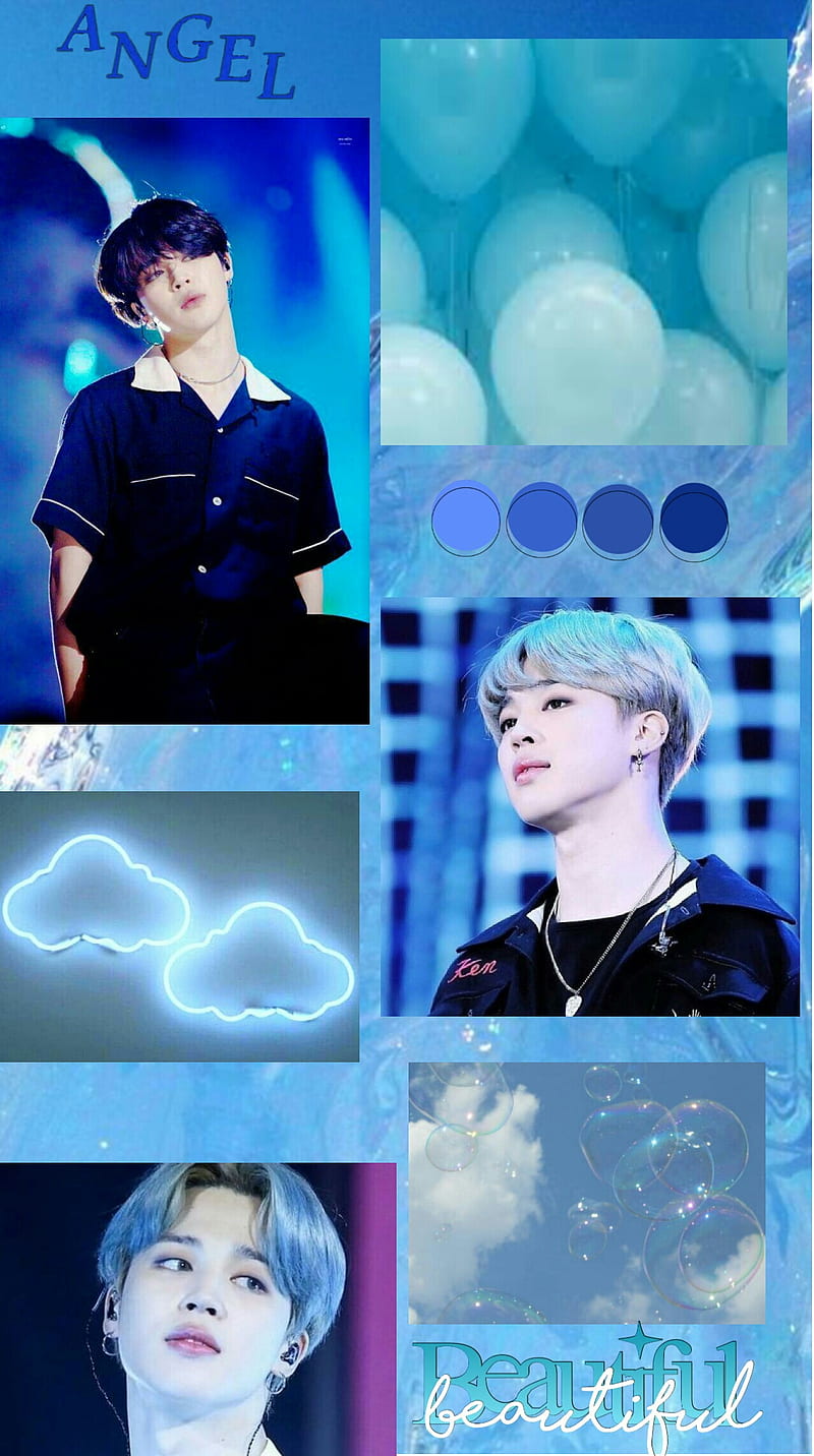 A collage of pictures with the words angel and blue - Jimin