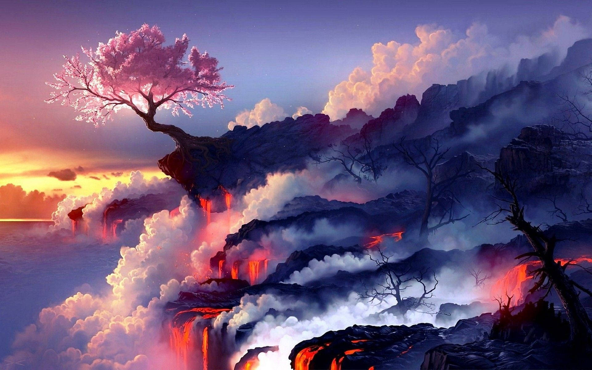 A painting of the sunset over an ocean with lava - Cherry blossom
