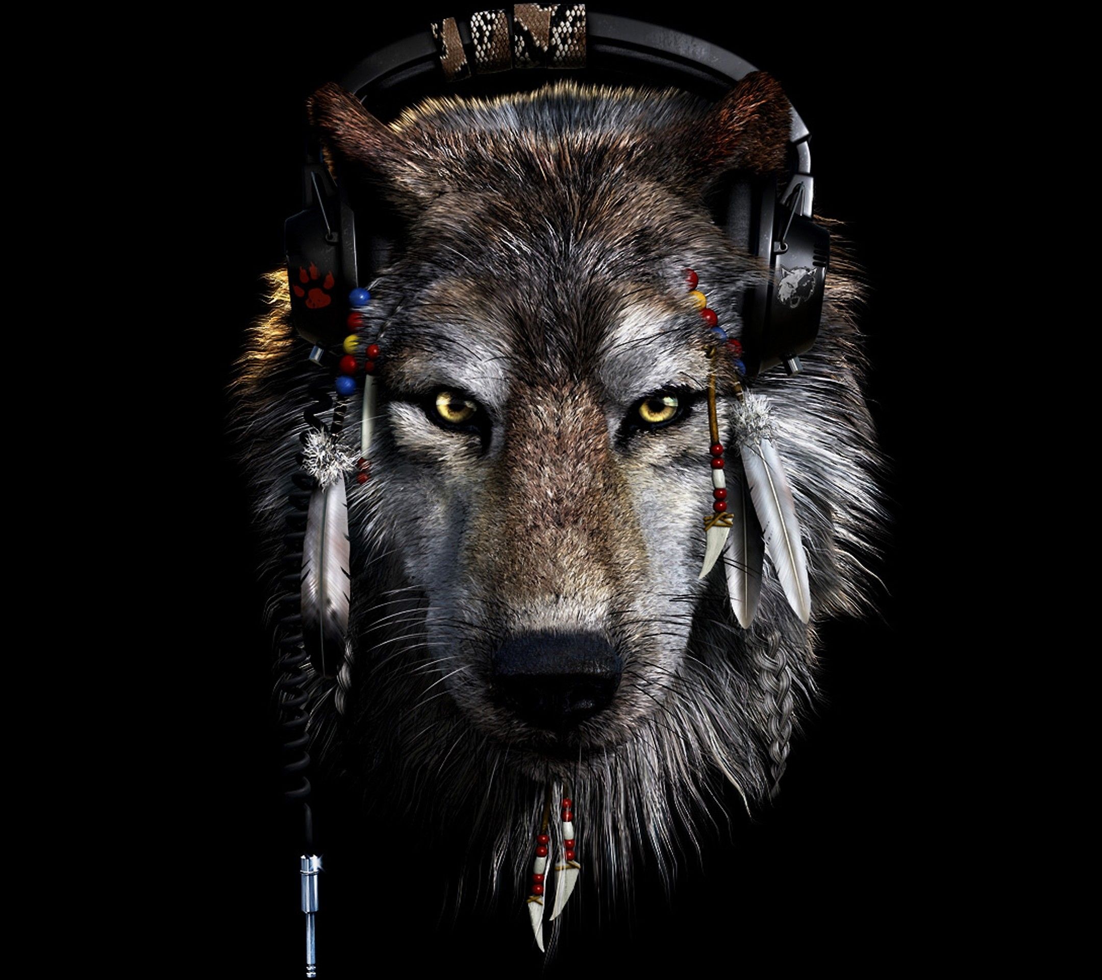 A wolf with headphones and feathers on its face - Wolf