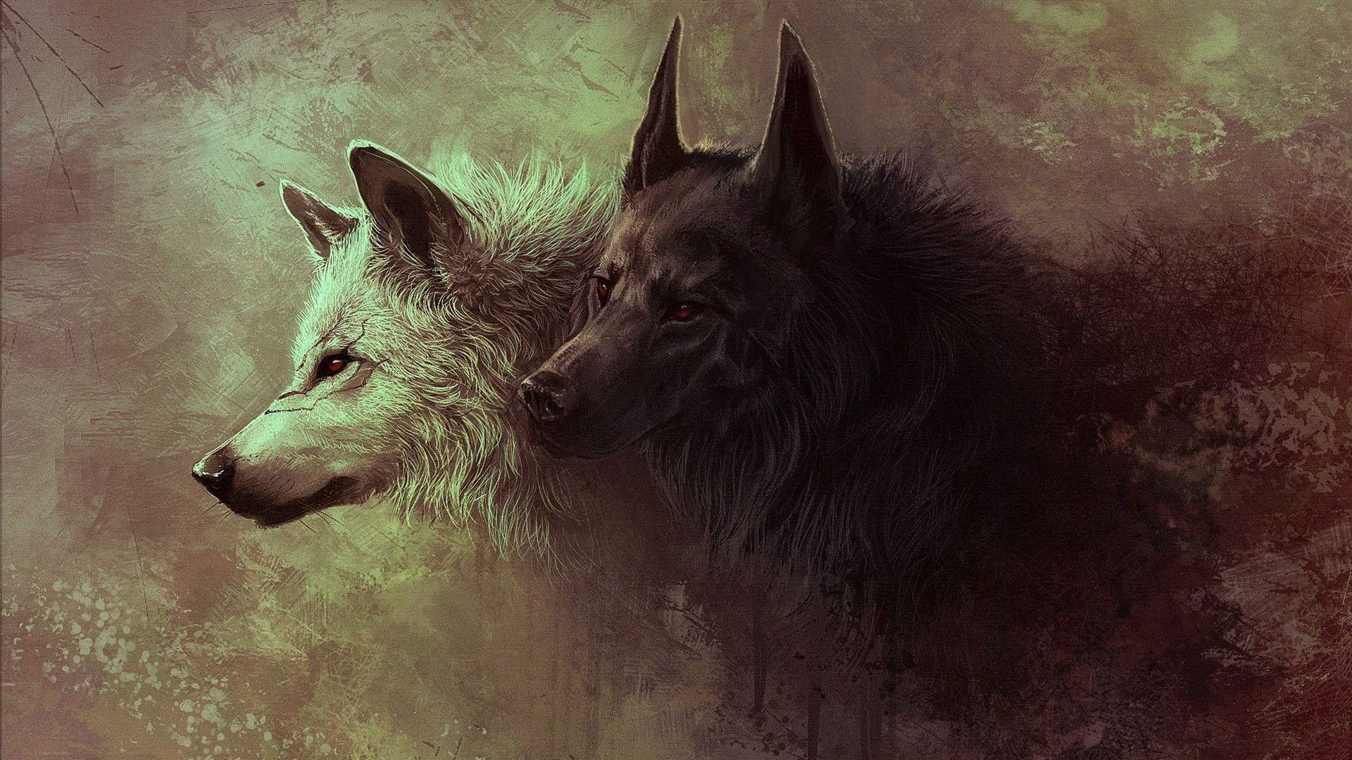 Two wolves on a green and brown background - Wolf