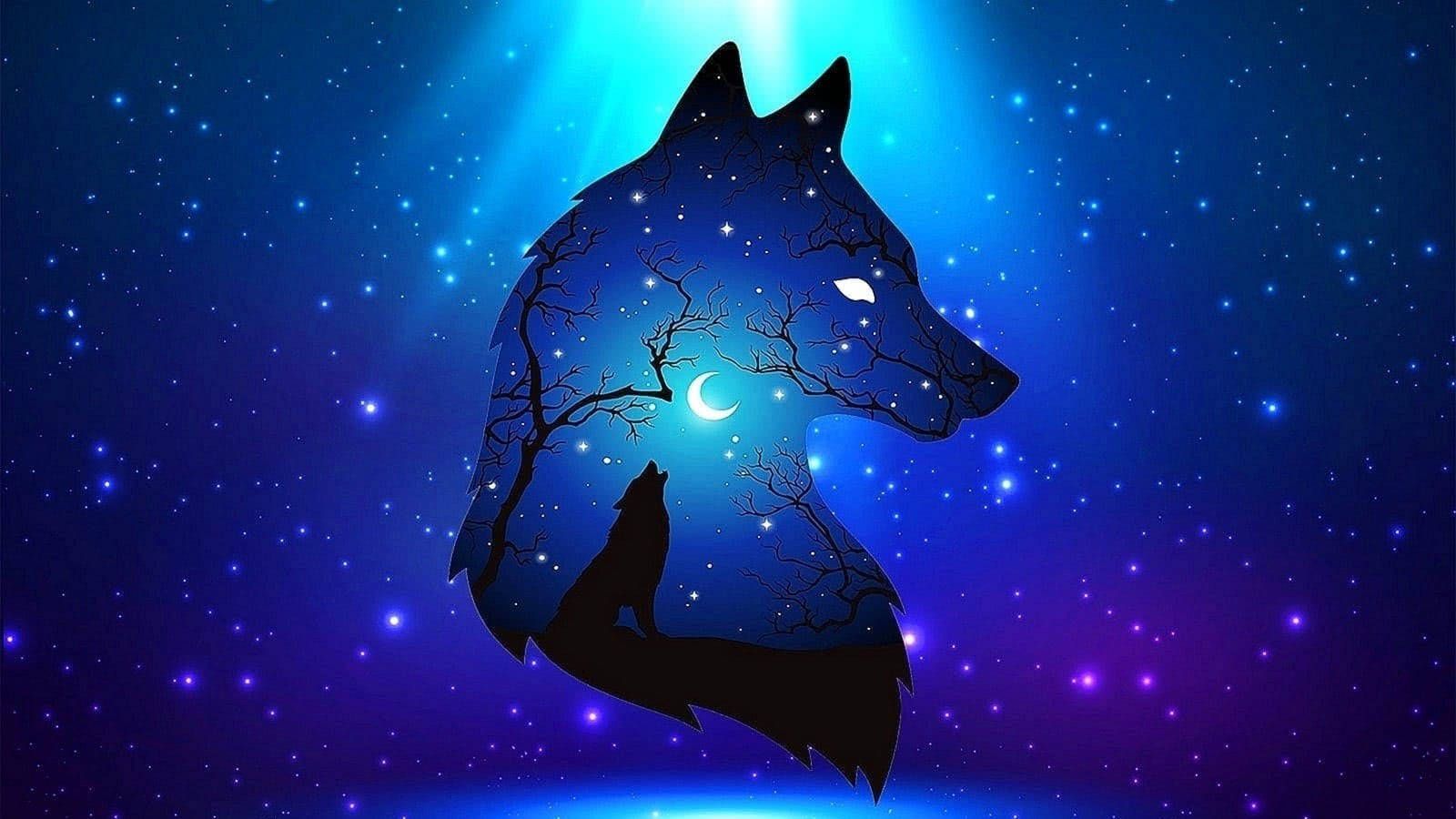 The wolf and moon on a blue background - Wolf