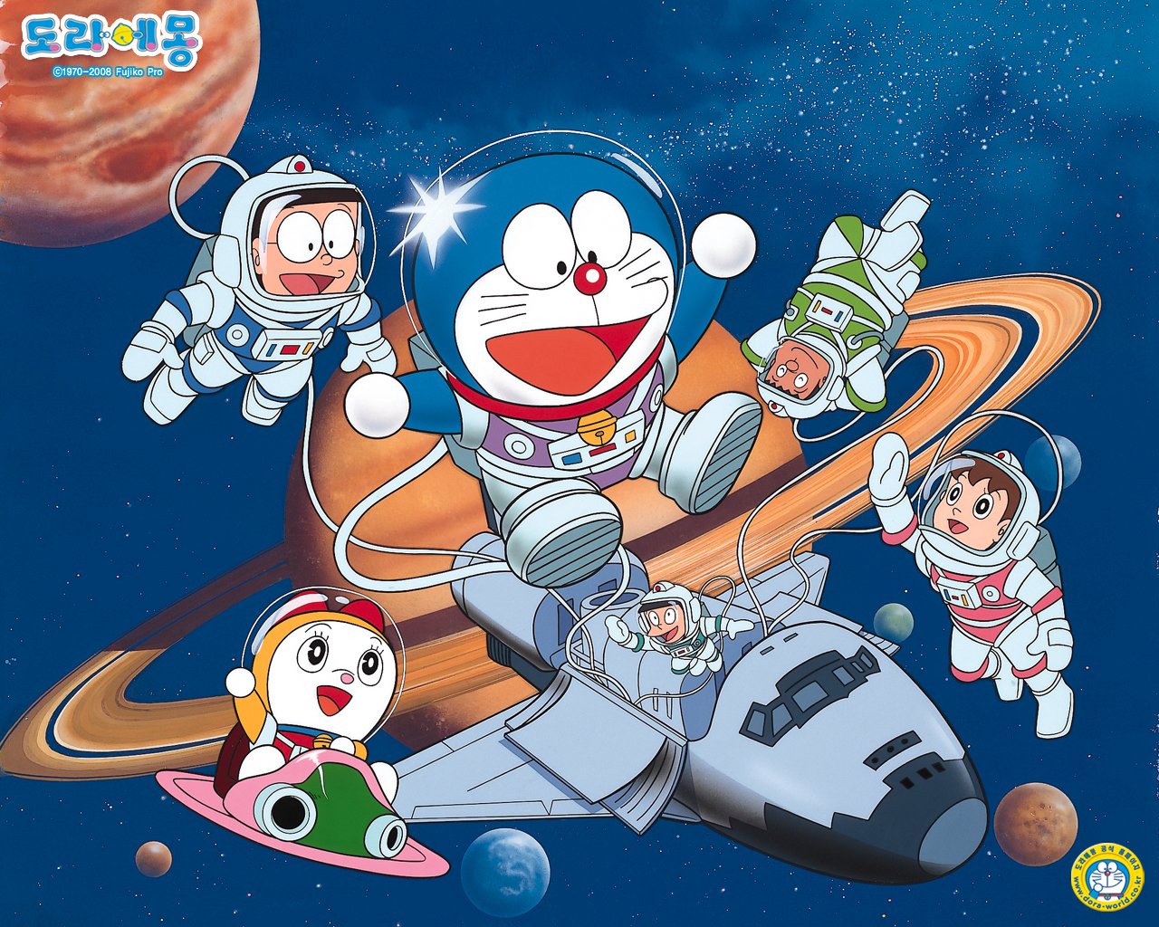 A cartoon of doraemon and friends in space - Doraemon