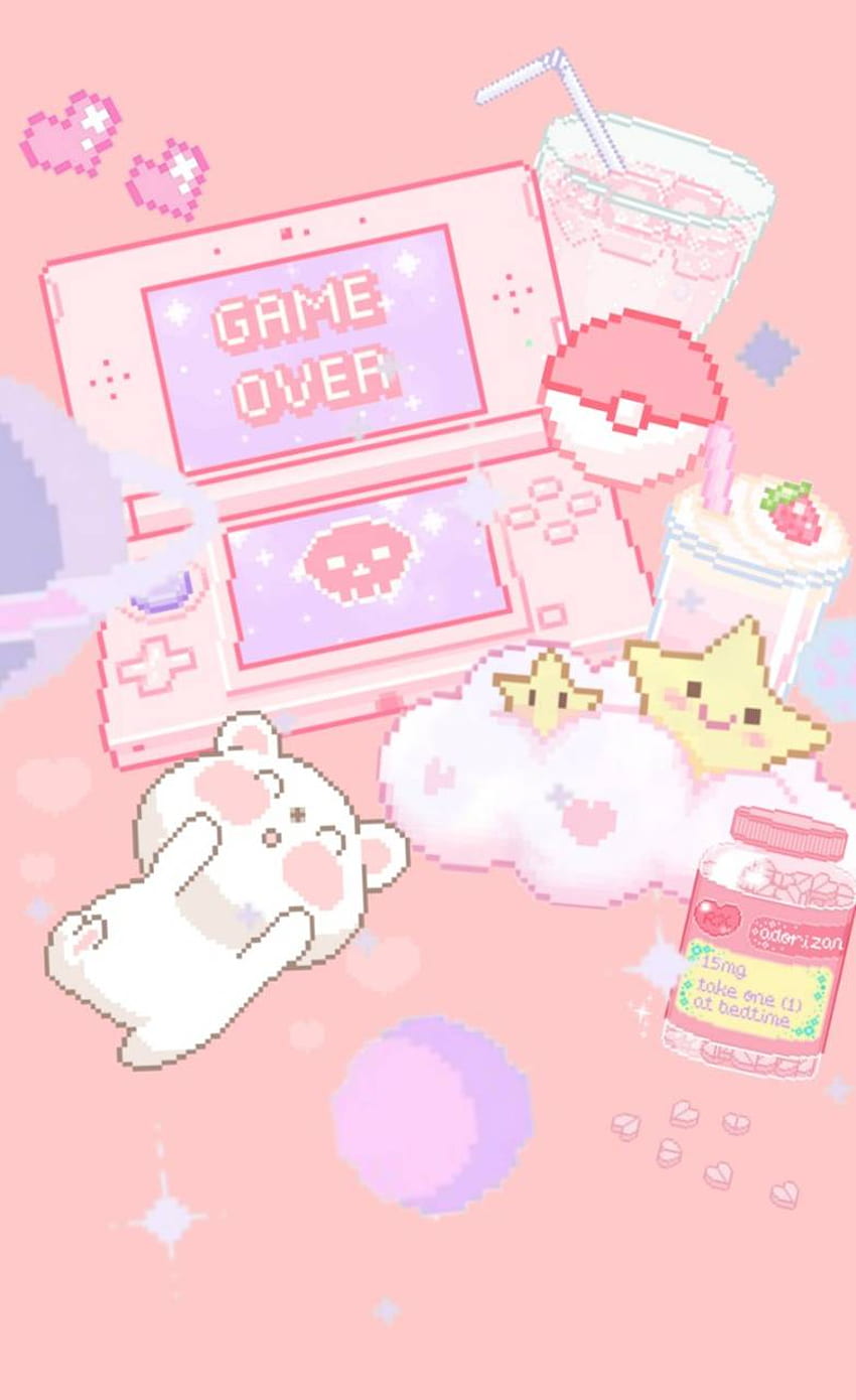 A pink Gameboy Advance with a sleeping white cat, a pink drink, and a starfish on the screen. - Gaming, kawaii