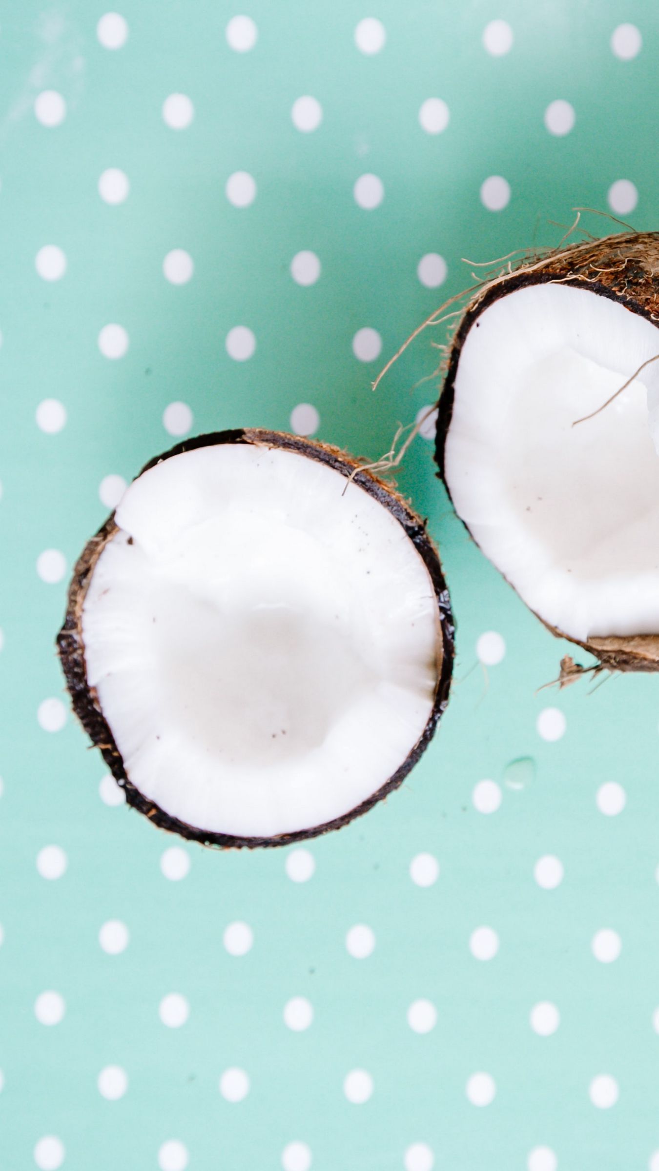 A coconut cut in half on a blue background - Coconut