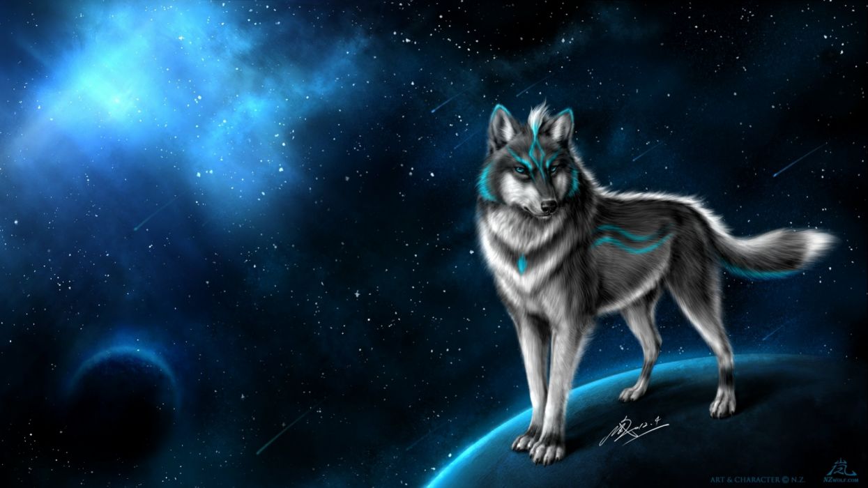 A wolf standing on a planet in space - Wolf