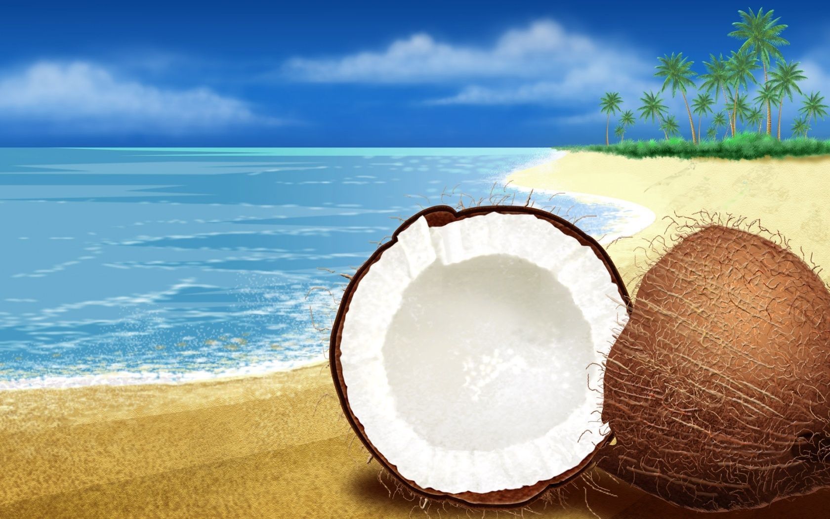 A split coconut on the beach with palm trees in the background - Coconut