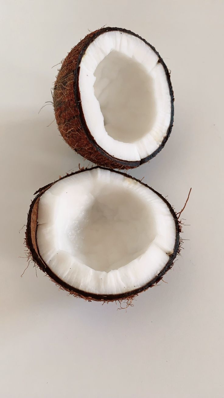 A coconut cut in half on a white background - Coconut