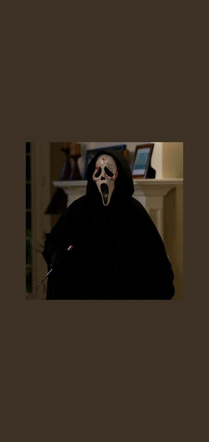 A person in a black robe with a white mask with red eyes and a white smile with red blood on the lips holding a knife - Ghostface