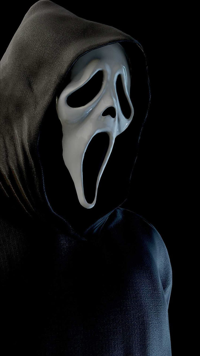 A person wearing an outfit with white face paint - Ghostface