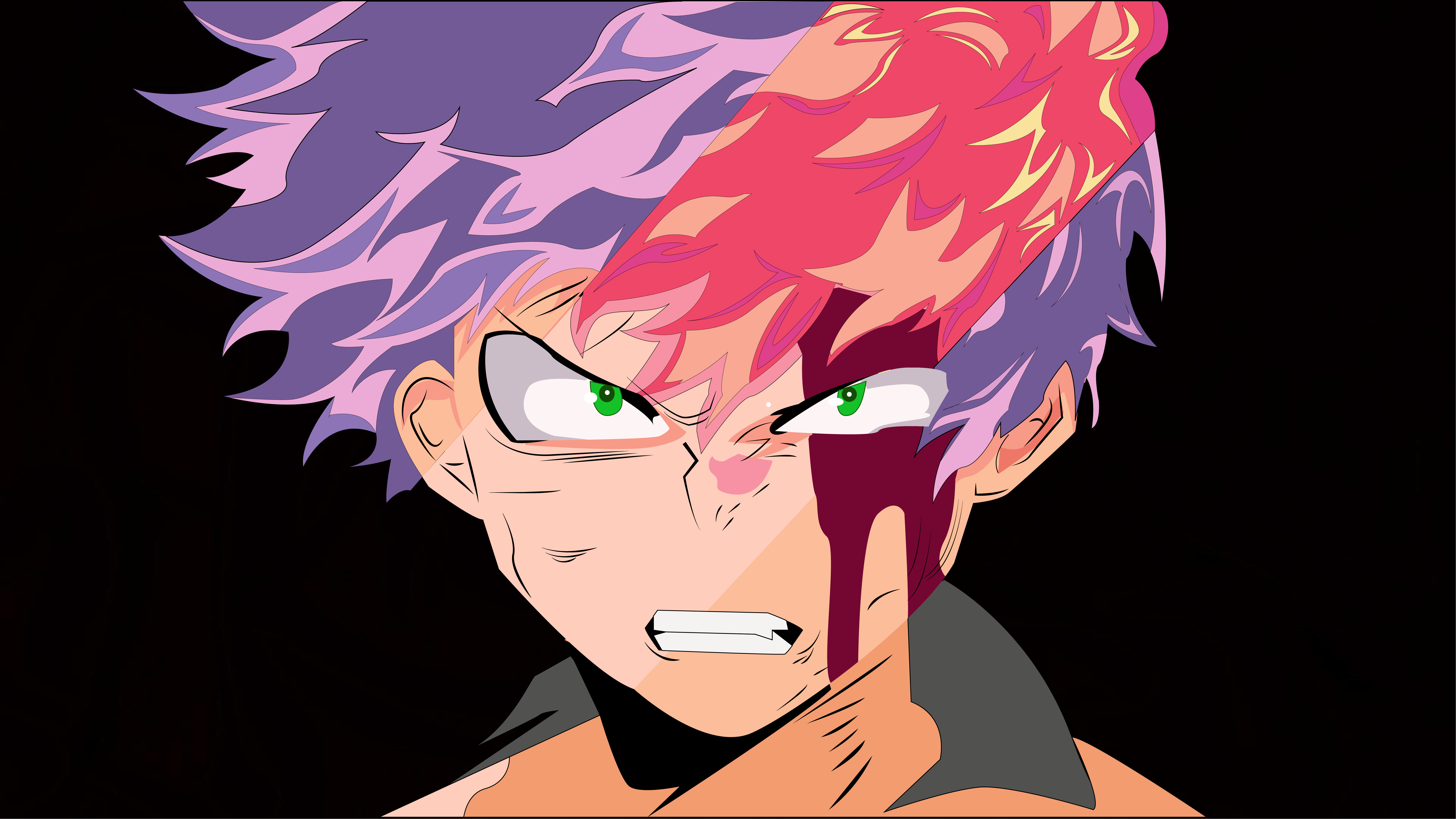 A purple and pink haired man with a bloodied nose and mouth, looking at the viewer with a mix of anger and determination. - Shoto Todoroki