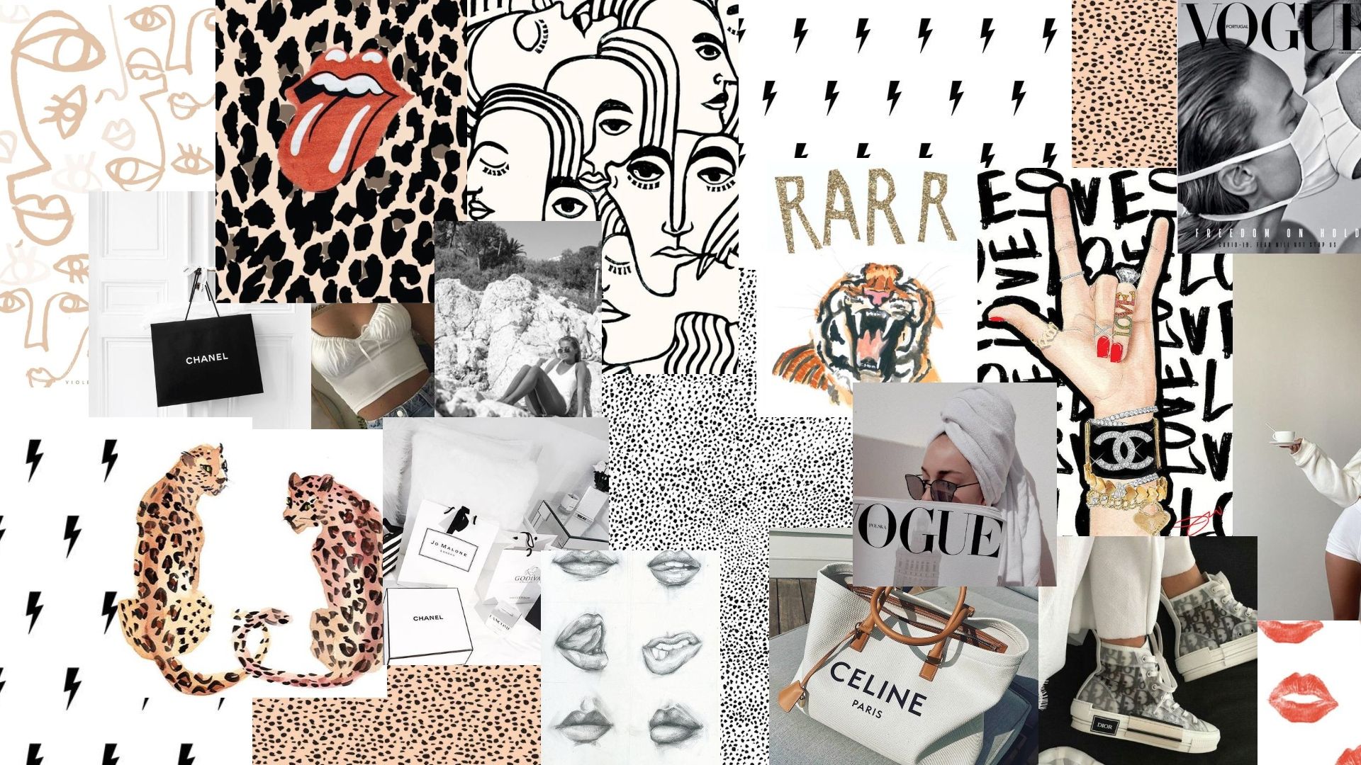 A collage of images including leopard print, lips, and a handbag. - IMac