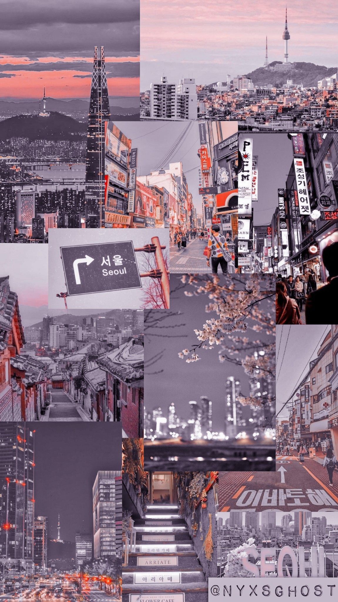 Aesthetic collage of black and white city photos - Seoul, Korean
