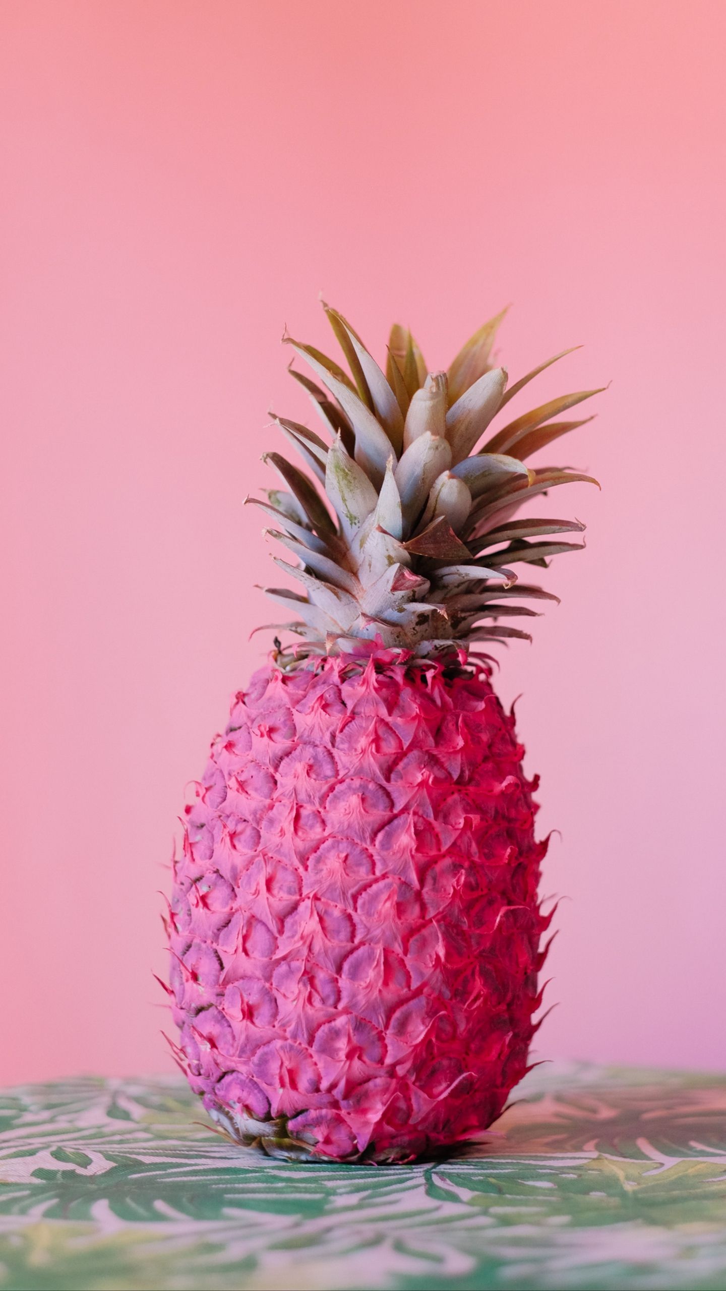 A pink pineapple sits on a table with a pink background. - Pineapple