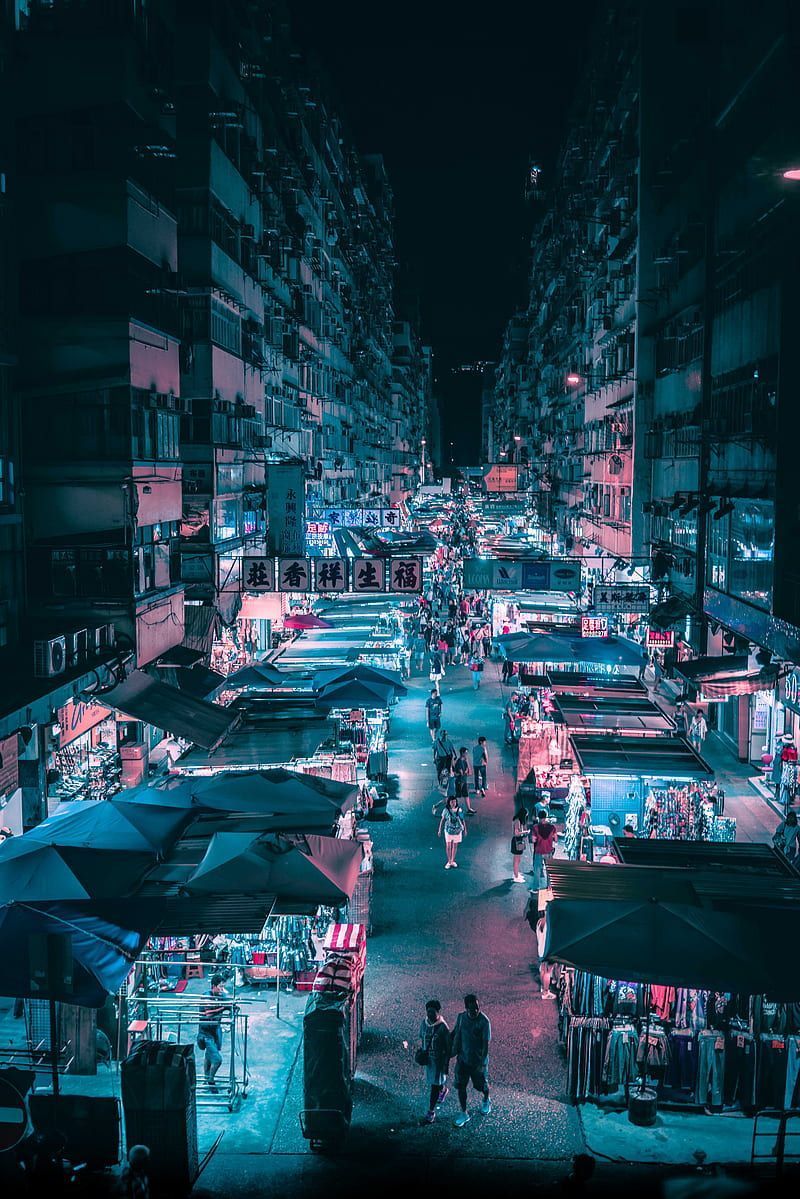 A busy street market at night in Hong Kong - Seoul, Cyberpunk 2077