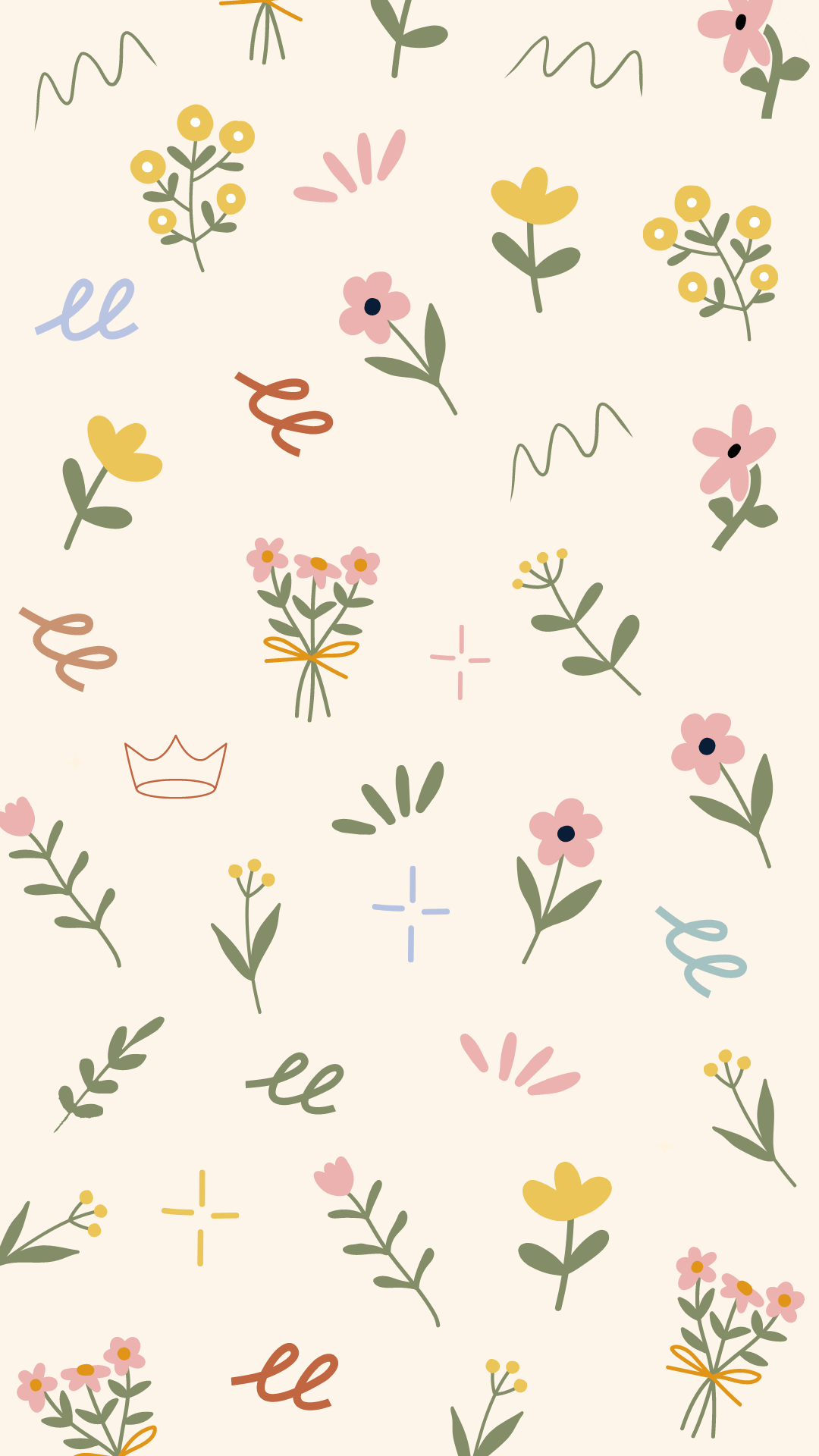 A phone wallpaper with small flowers and plants on a light yellow background - Spring