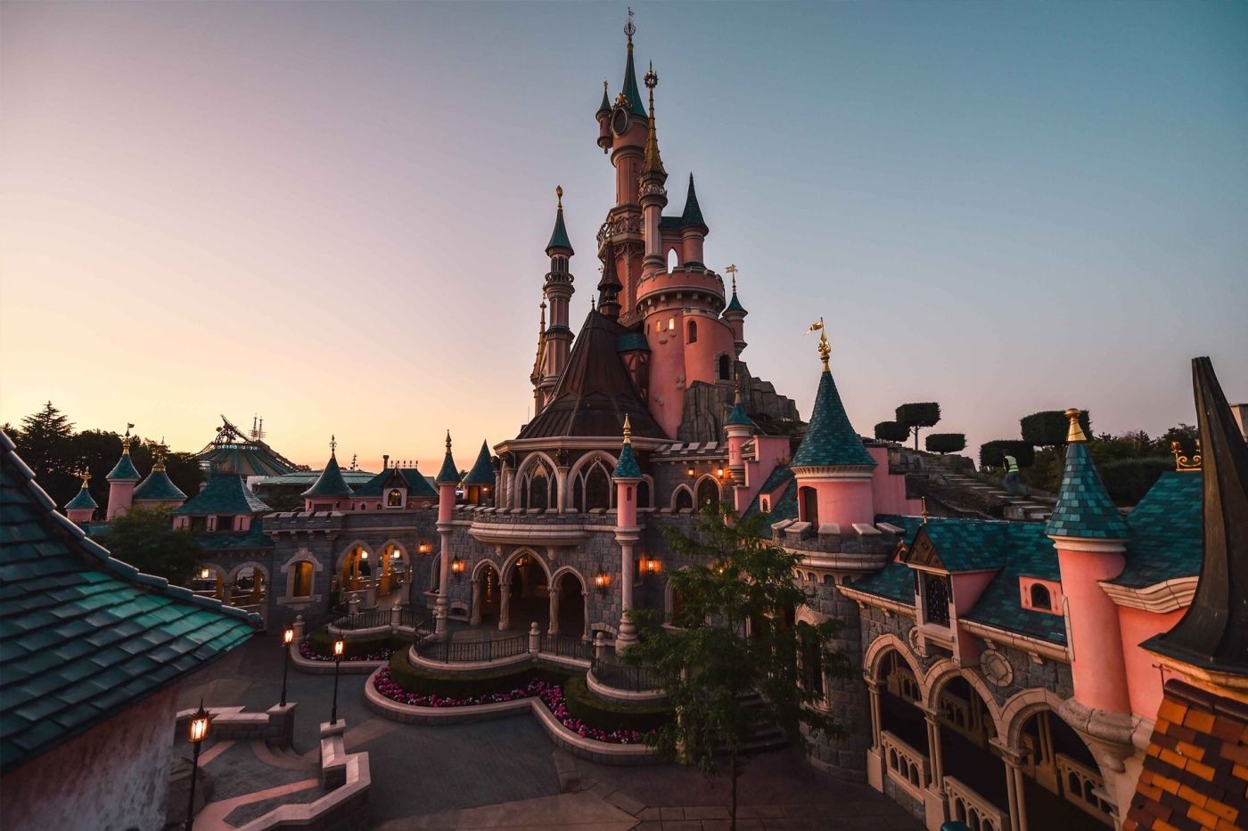 The pink castle of Disneyland Paris during the sunset - Disneyland