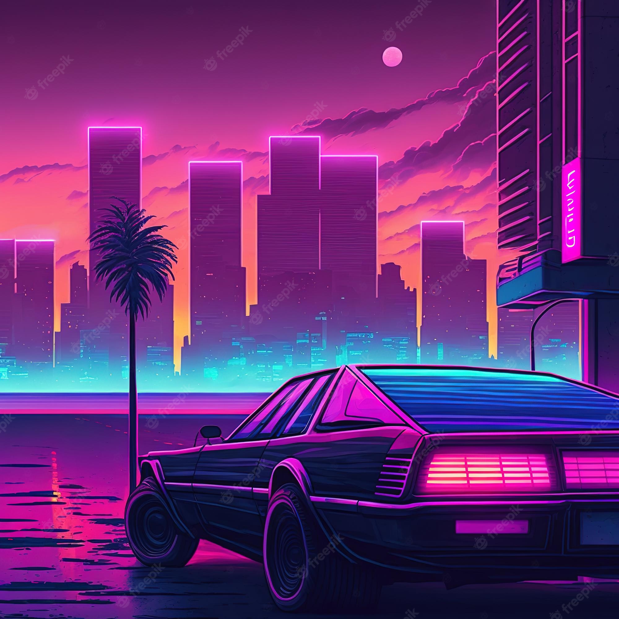 A retro futuristic city with neon lights and cars, car png - Vaporwave