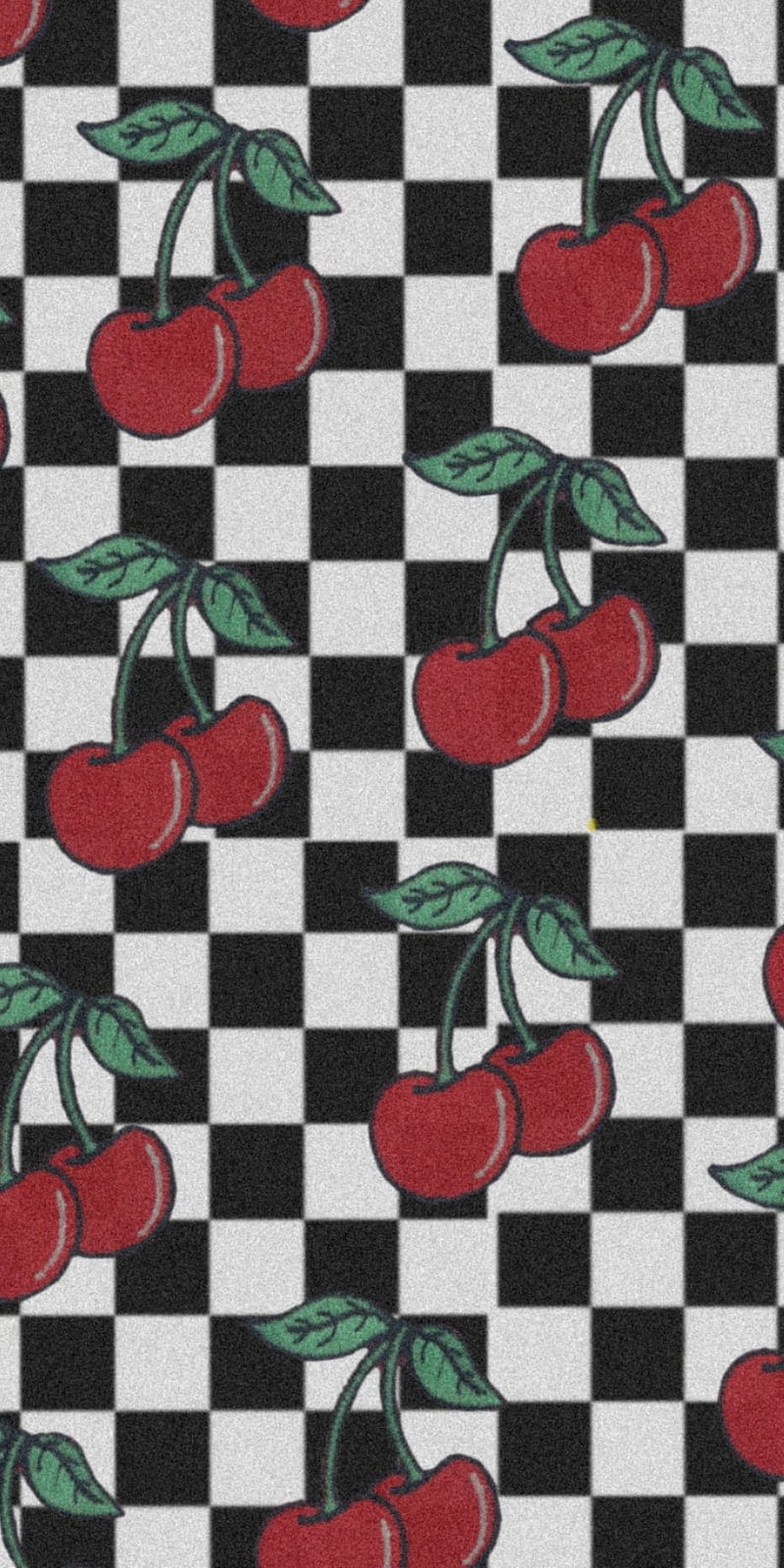 A pattern of red cherries on a black and white checkered background - Cherry