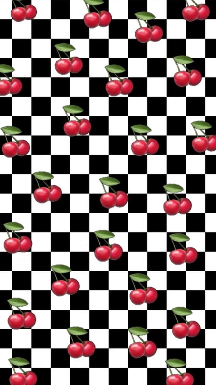 IPhone wallpaper cherries, black and white, pattern, checkered, red, green, cute, girly, aesthetic, background, phone, cute, phone, phone background - Cherry, checkered