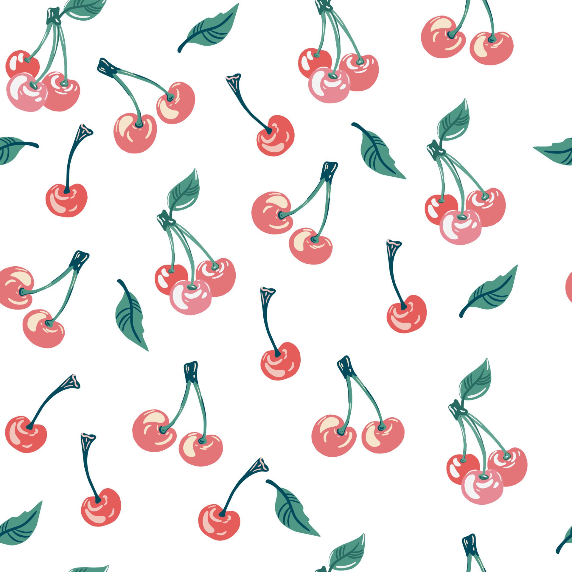 A pattern of red cherries with green stems and leaves on a white background - Cherry