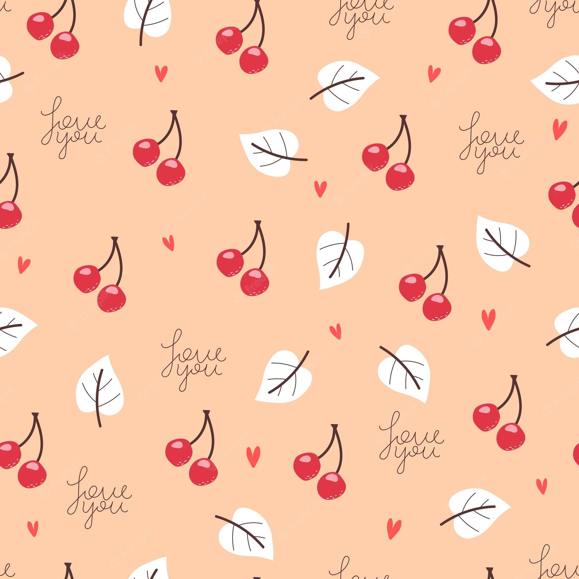 Seamless pattern with cherry, heart and the words 