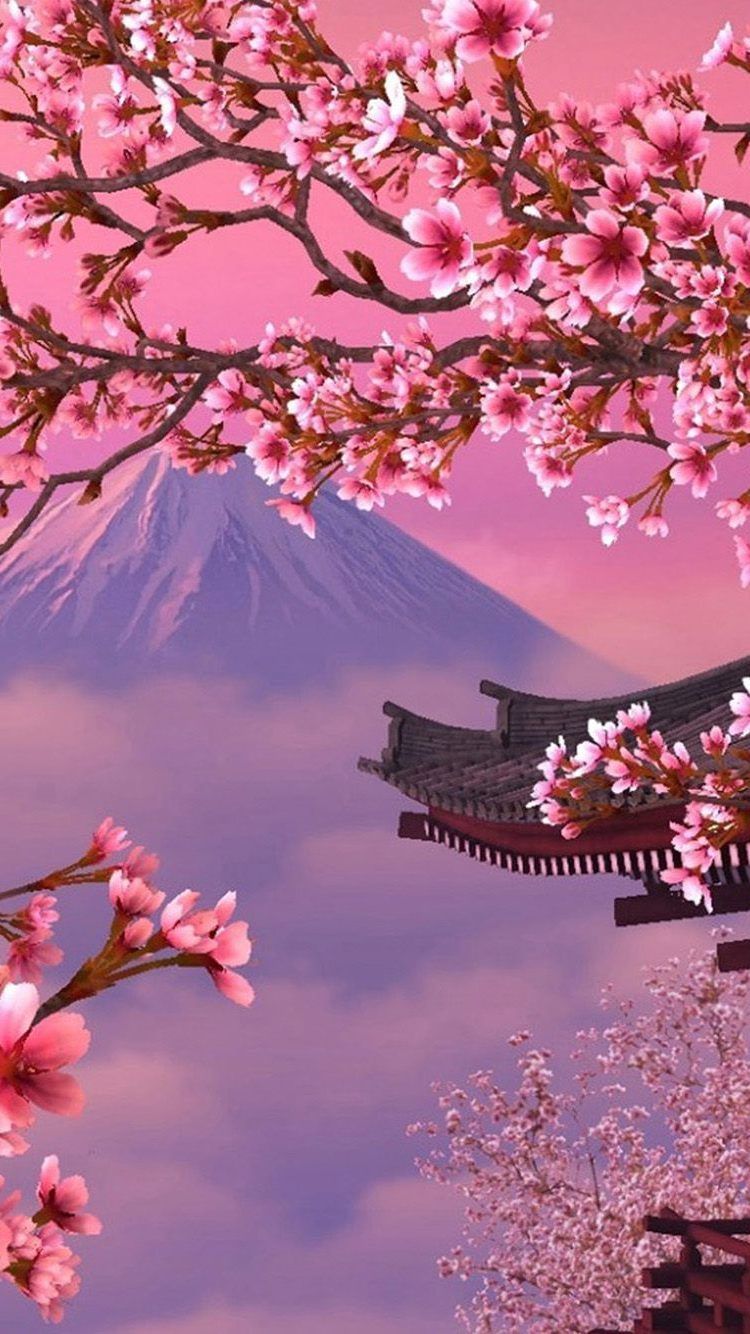 IPhone wallpaper of cherry blossoms in front of a mountain - Cherry