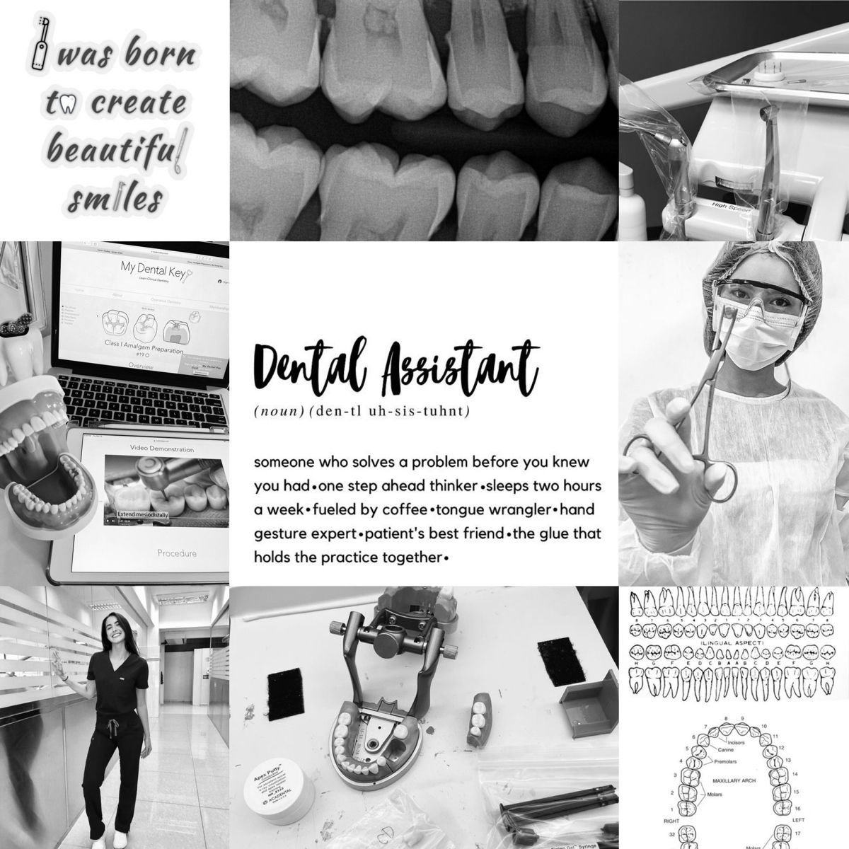A collage of images and words describing dental assistants as someone who solves problems, is detail-oriented, a week-fueled coffee drinker, and patient friendly. - Dentist