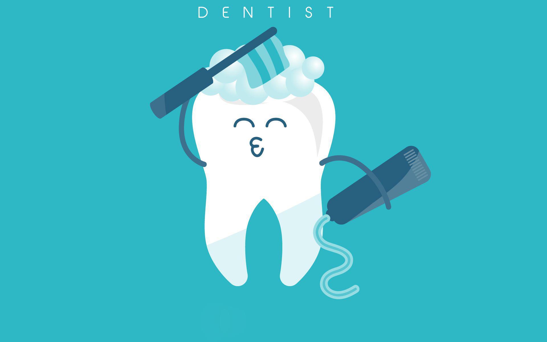 A tooth with toothpaste and toothbrush on a blue background - Dentist