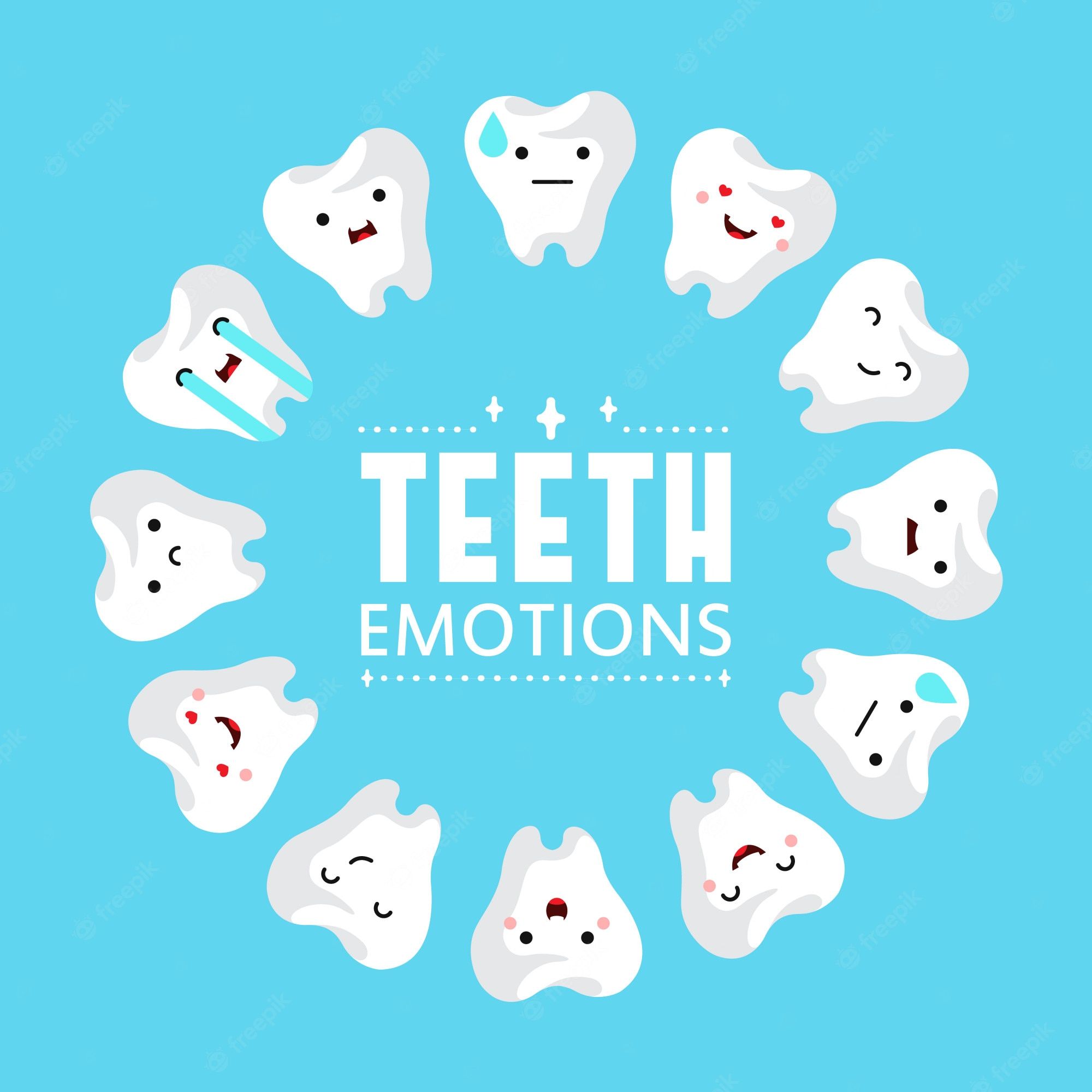 Dental health concept with cute cartoon teeth characters with different emotions on a blue background. Vector illustration. - Dentist