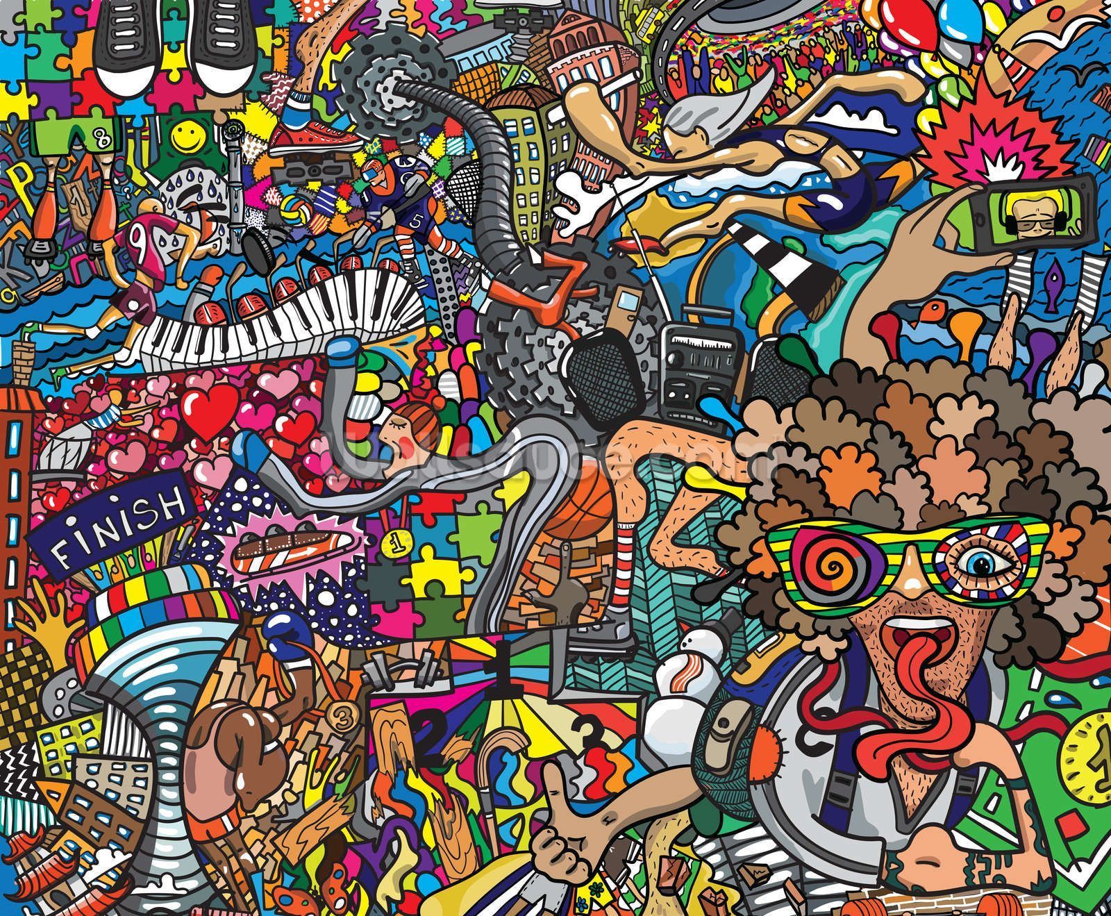 An abstract image of a man with an afro surrounded by many objects. - Graffiti