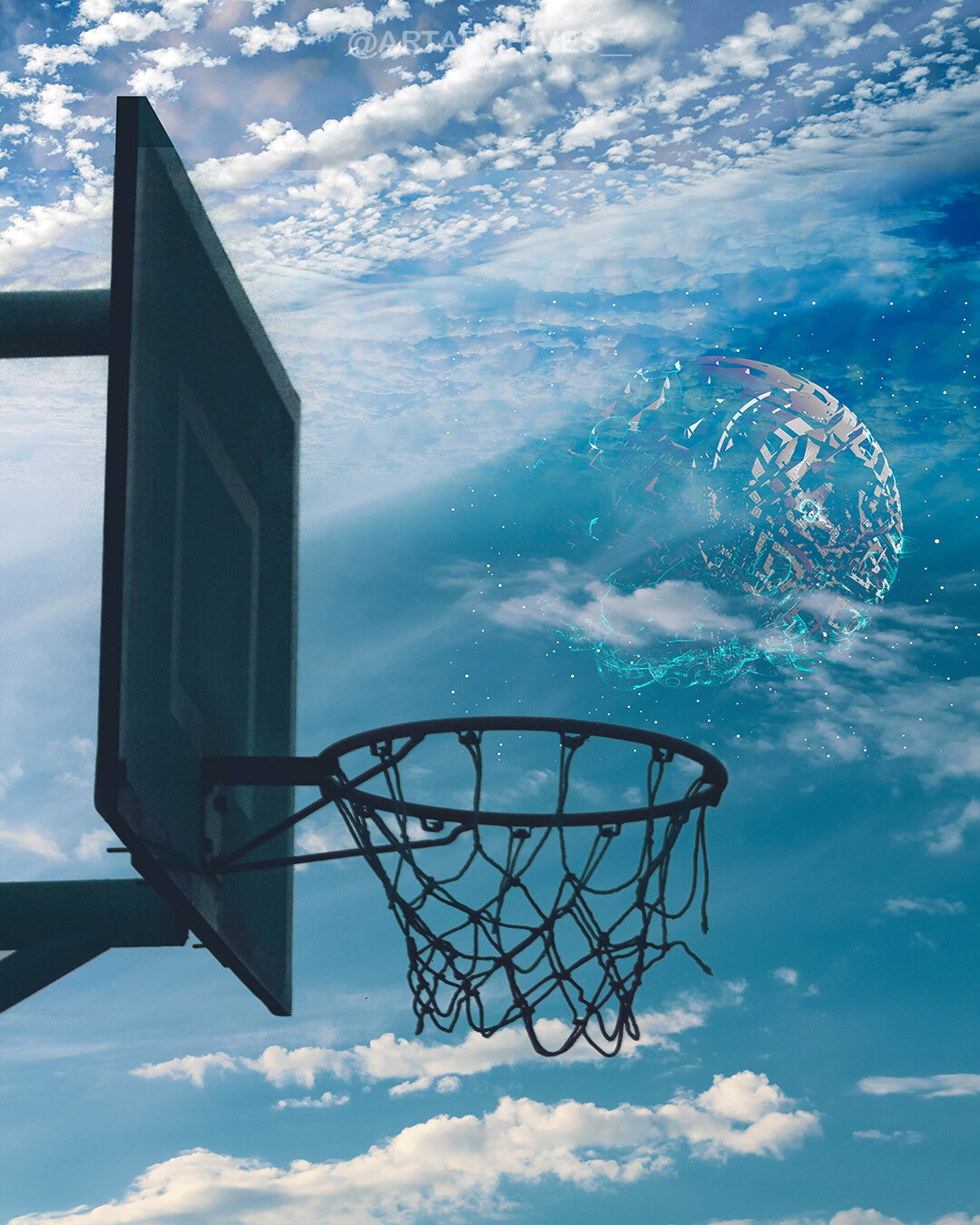 Basketball hoop with a ball and clouds in the background - Basketball