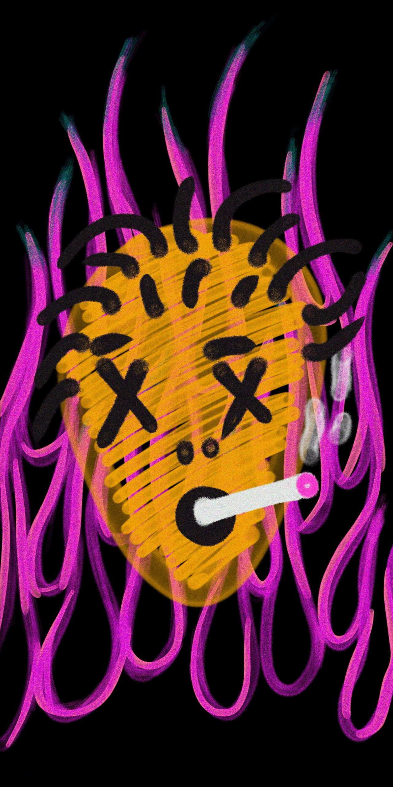 A drawing of an orange face with purple flames - Graffiti