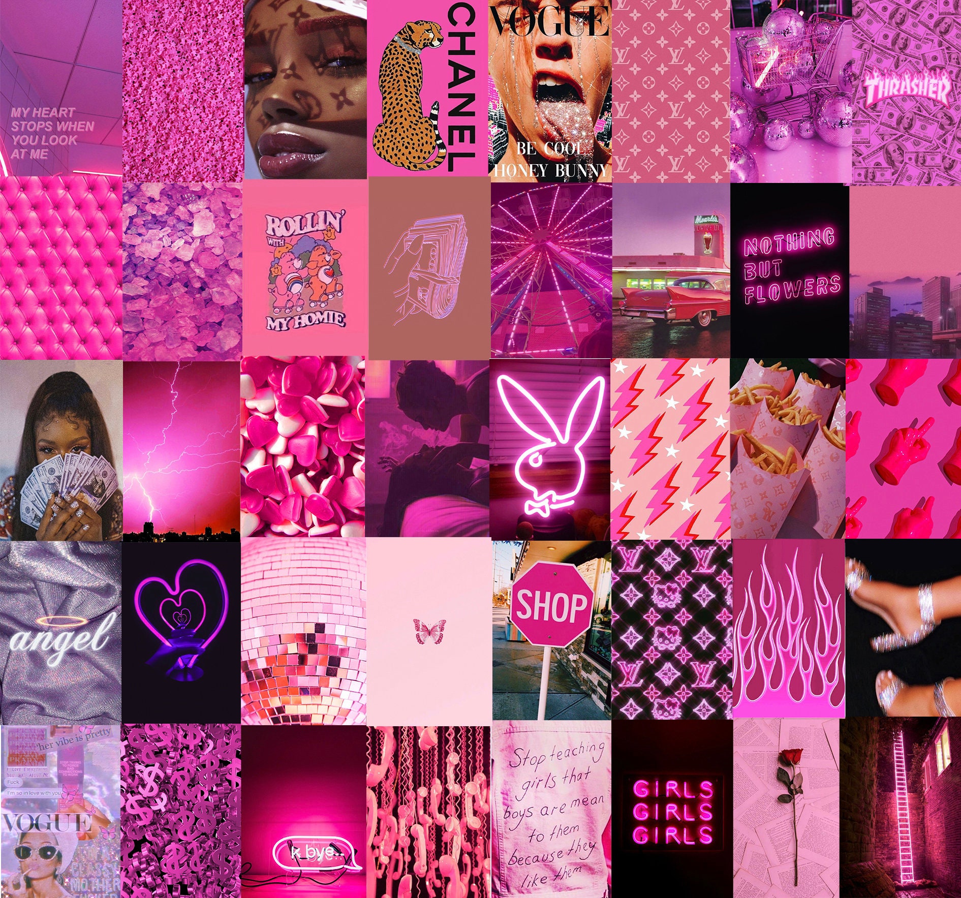 A collage of pink and black pictures - Neon pink