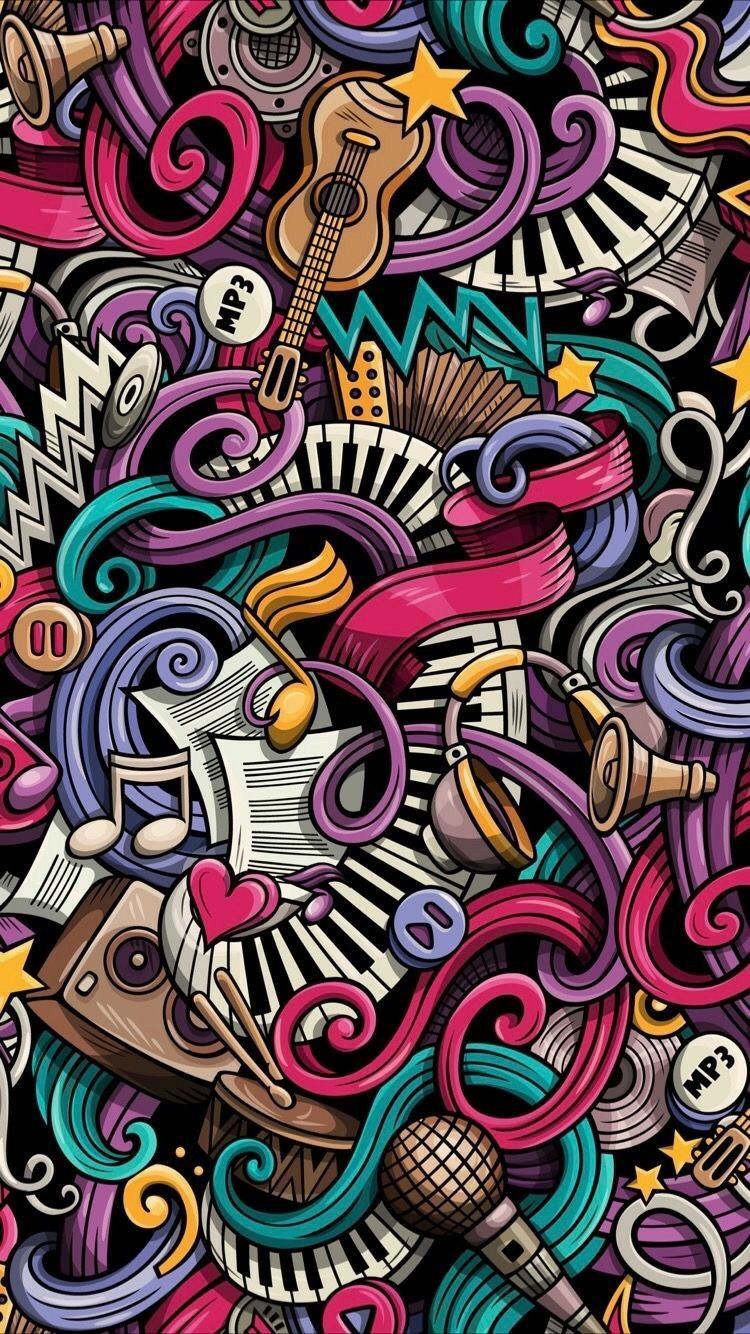 Seamless pattern with musical instruments and other objects - Graffiti