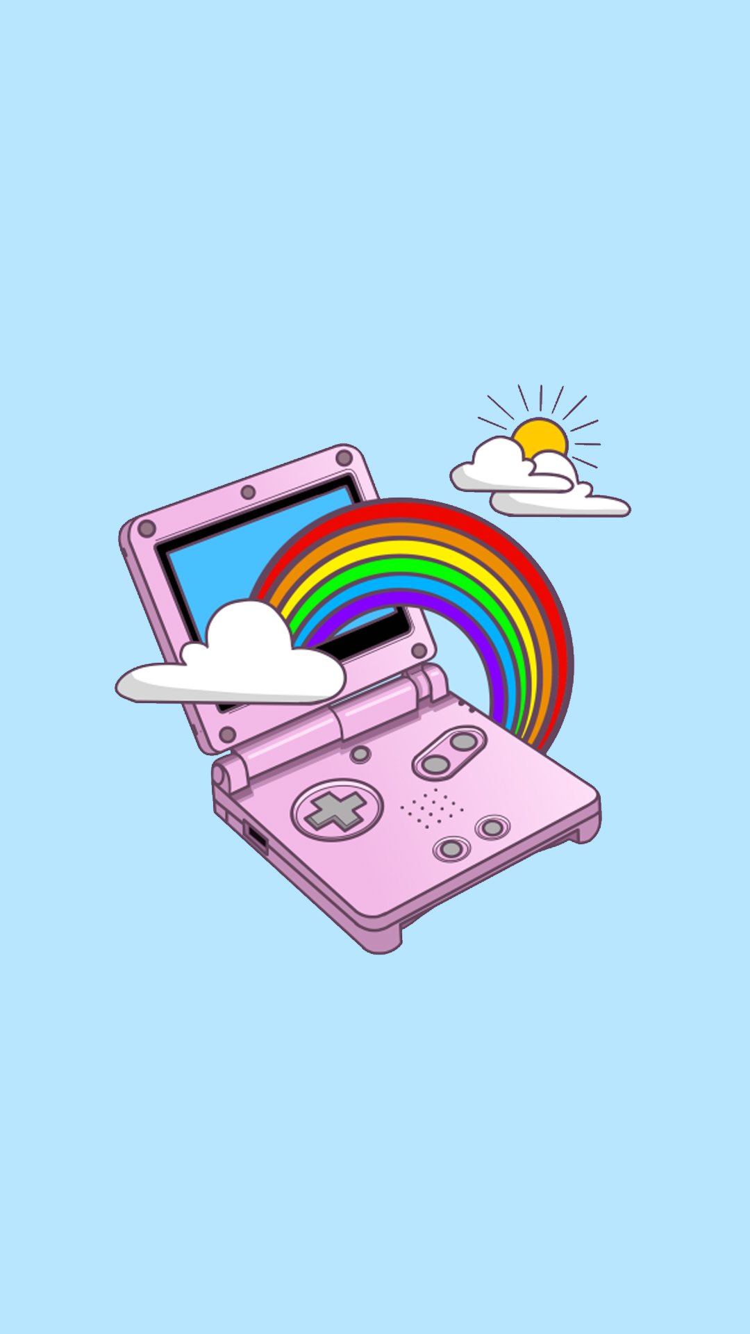 A pink Gameboy Advance with a rainbow and clouds - Funny