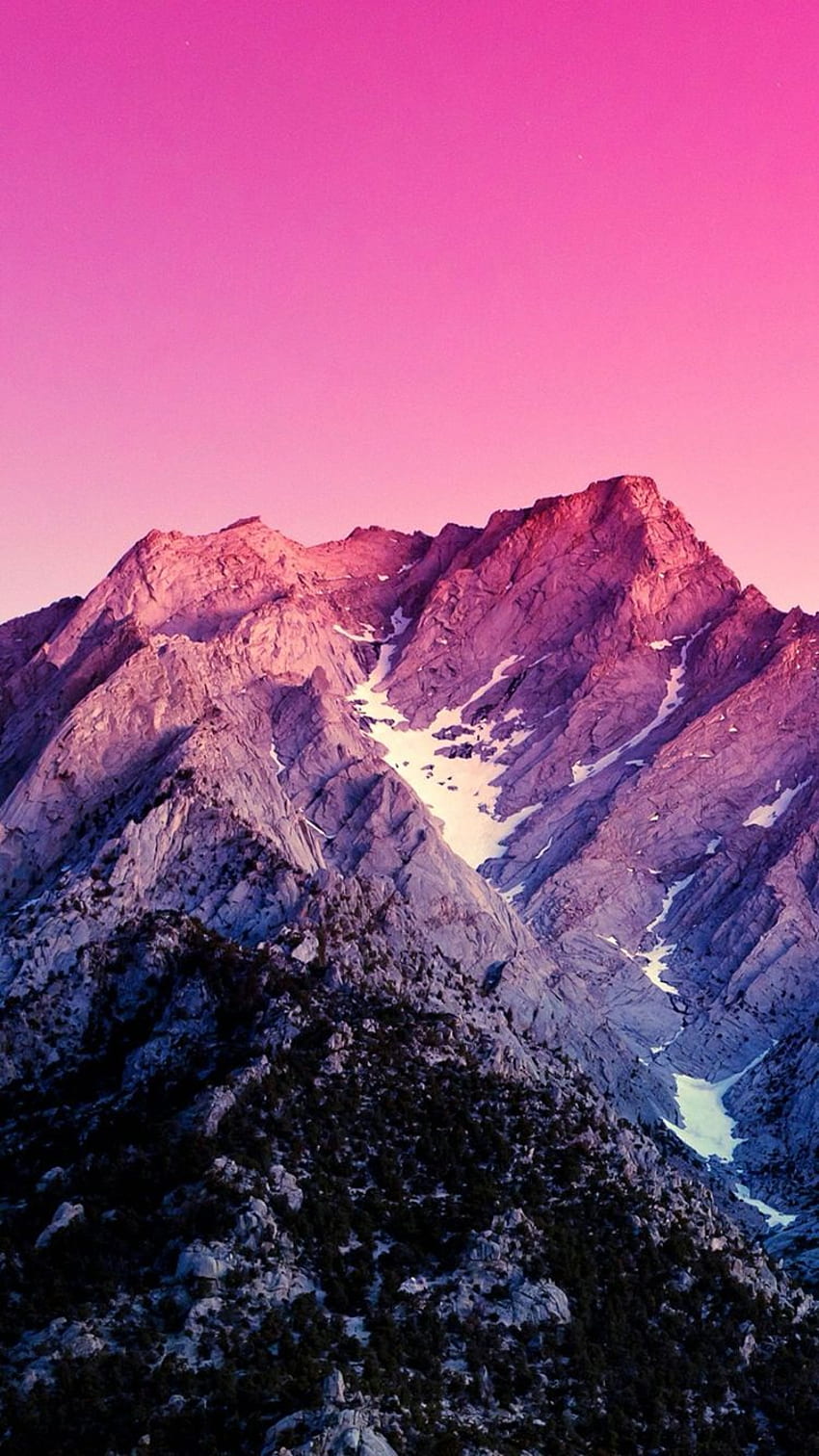 IPhone wallpaper of a pink sunset over a snow capped mountain range - Mountain, snow, clean