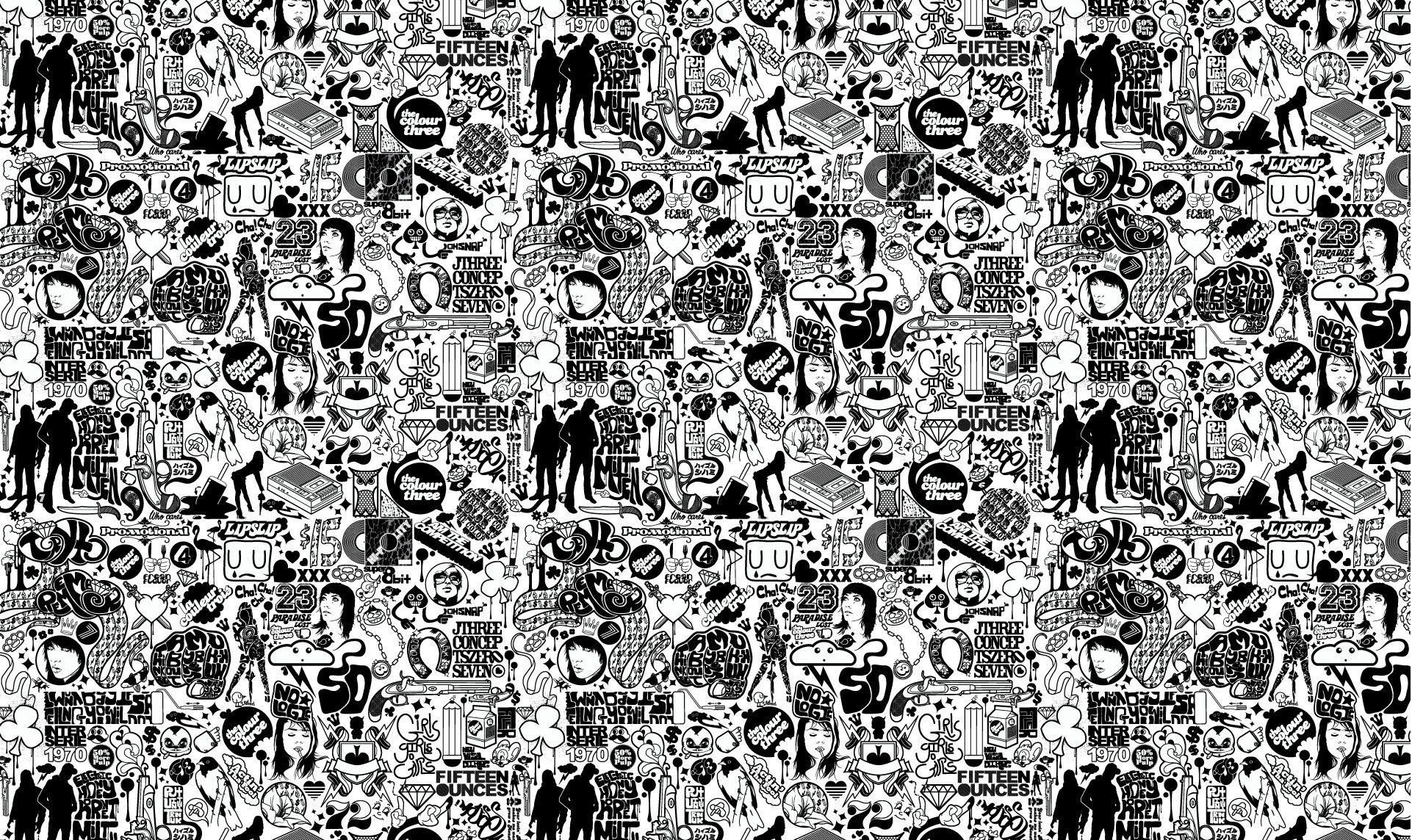 A black and white pattern with lots of different things - Graffiti
