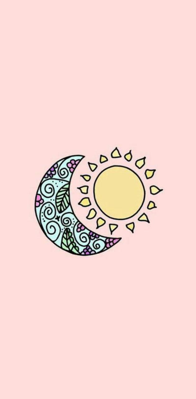 Sun and moon wallpaper, pink background, drawing of the sun and moon - Sun