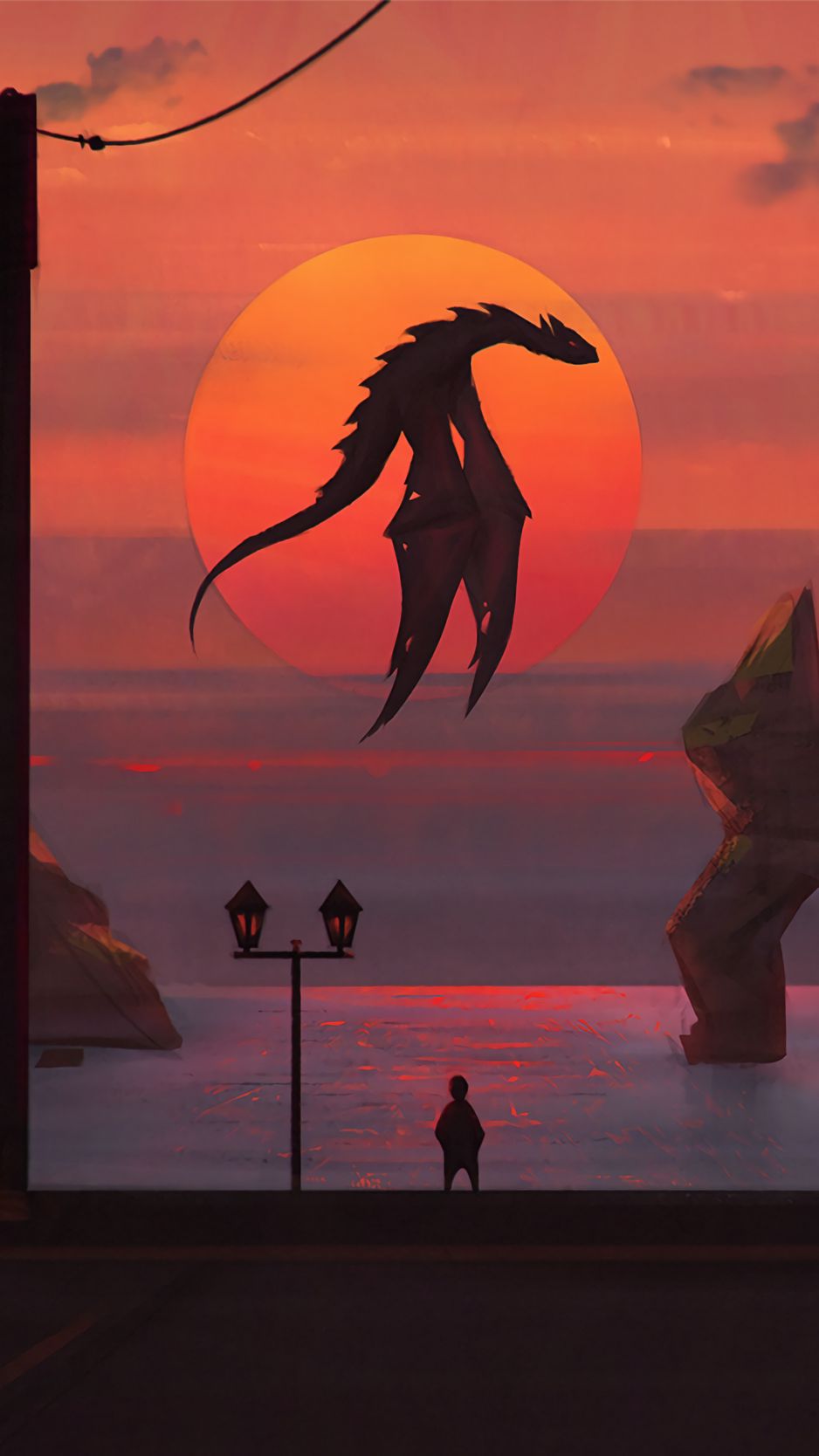 Download Wallpaper 938x1668 Dragon, Sun, Sunset, Art, Fantasy Iphone 8 7 6s 6 For Parallax HD Background