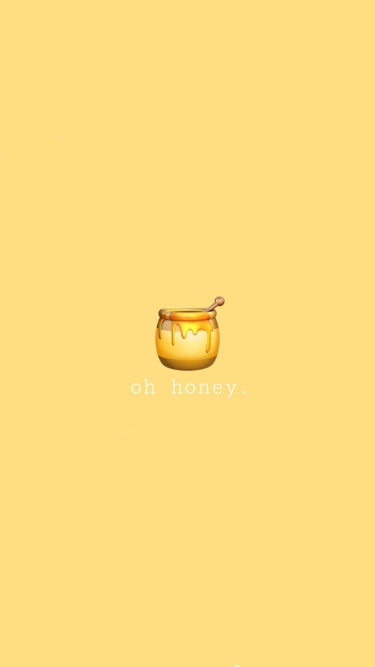 Yellow background, oh honey written in white, cute aesthetic backgrounds, jar of honey in the middle - Honey