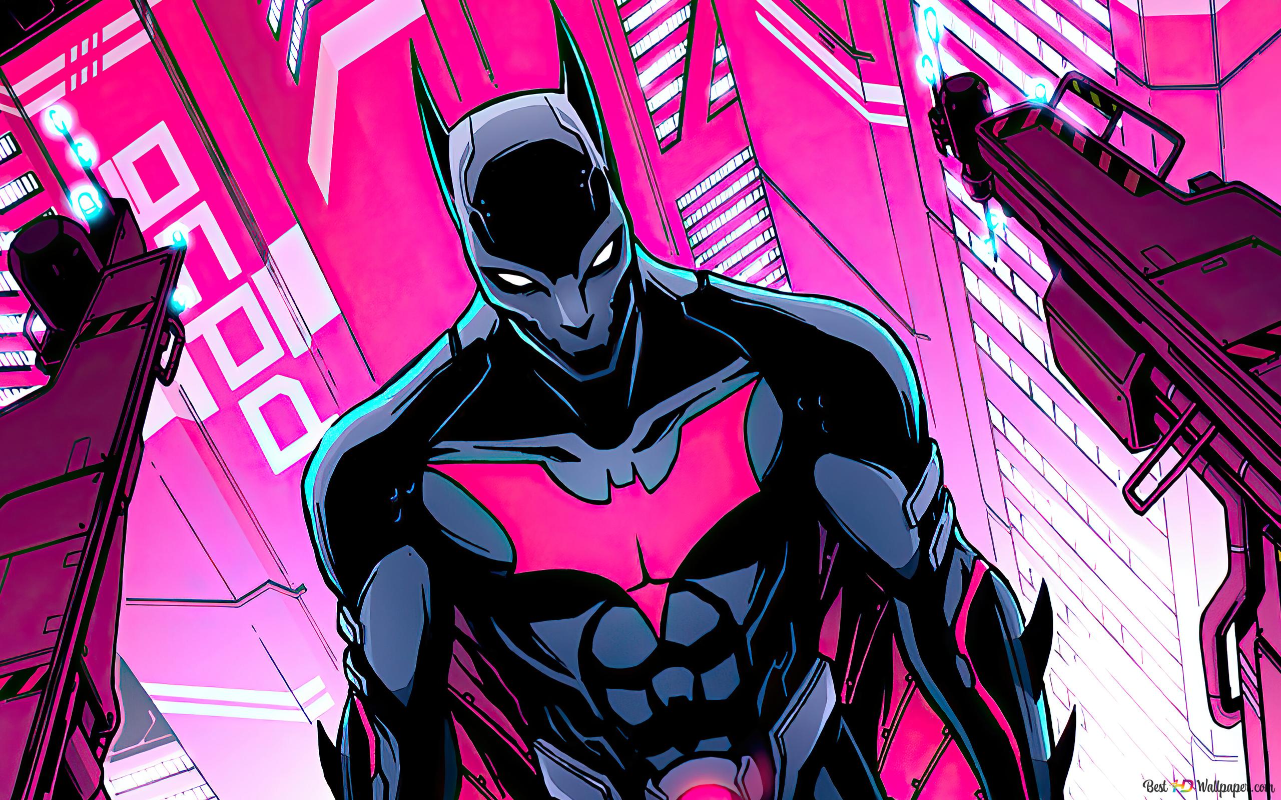 Batman Beyond standing in a pink city, digital art, 4K, desktop wallpaper - Batman