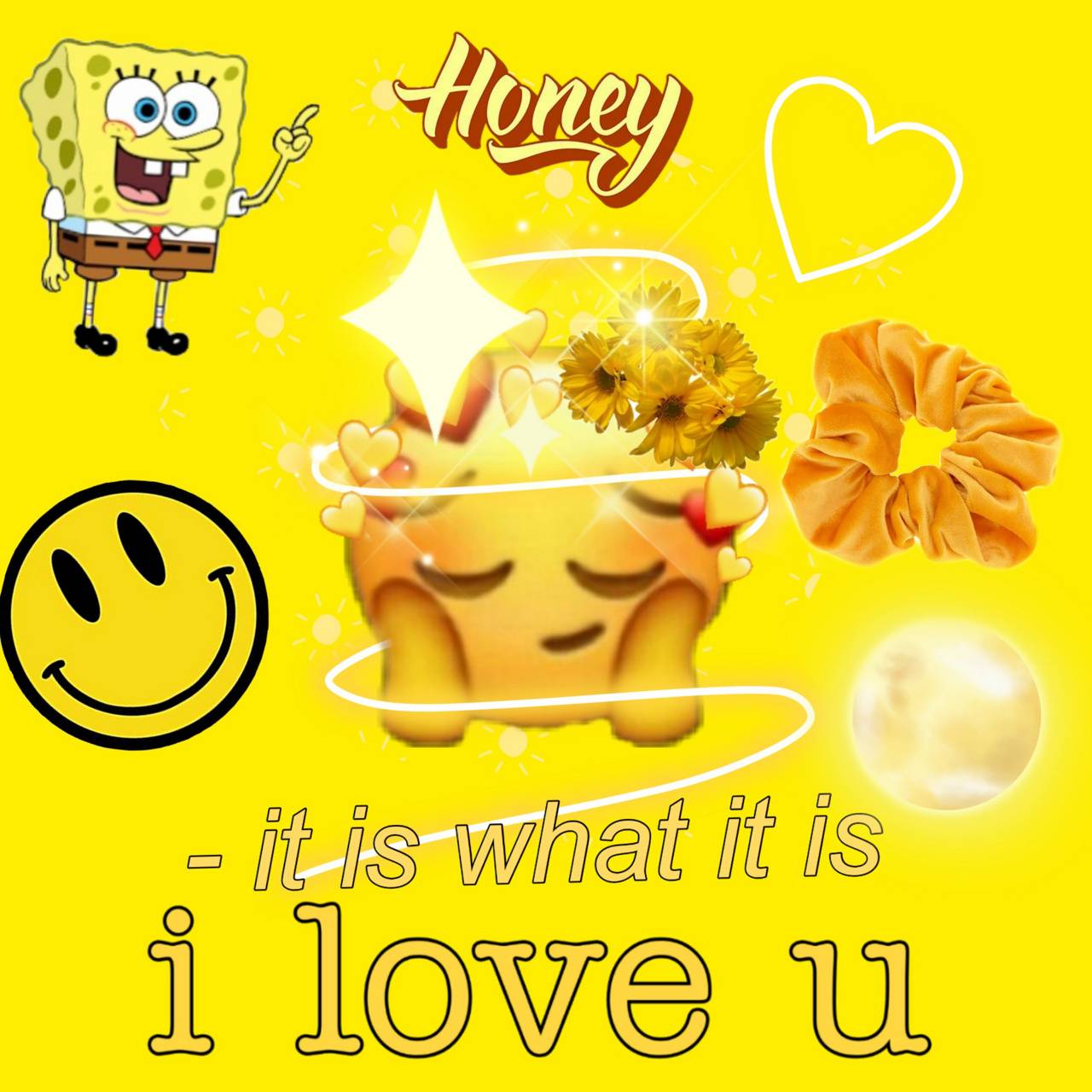A yellow collage with Spongebob, a smiley face, a sunflower, and the words 