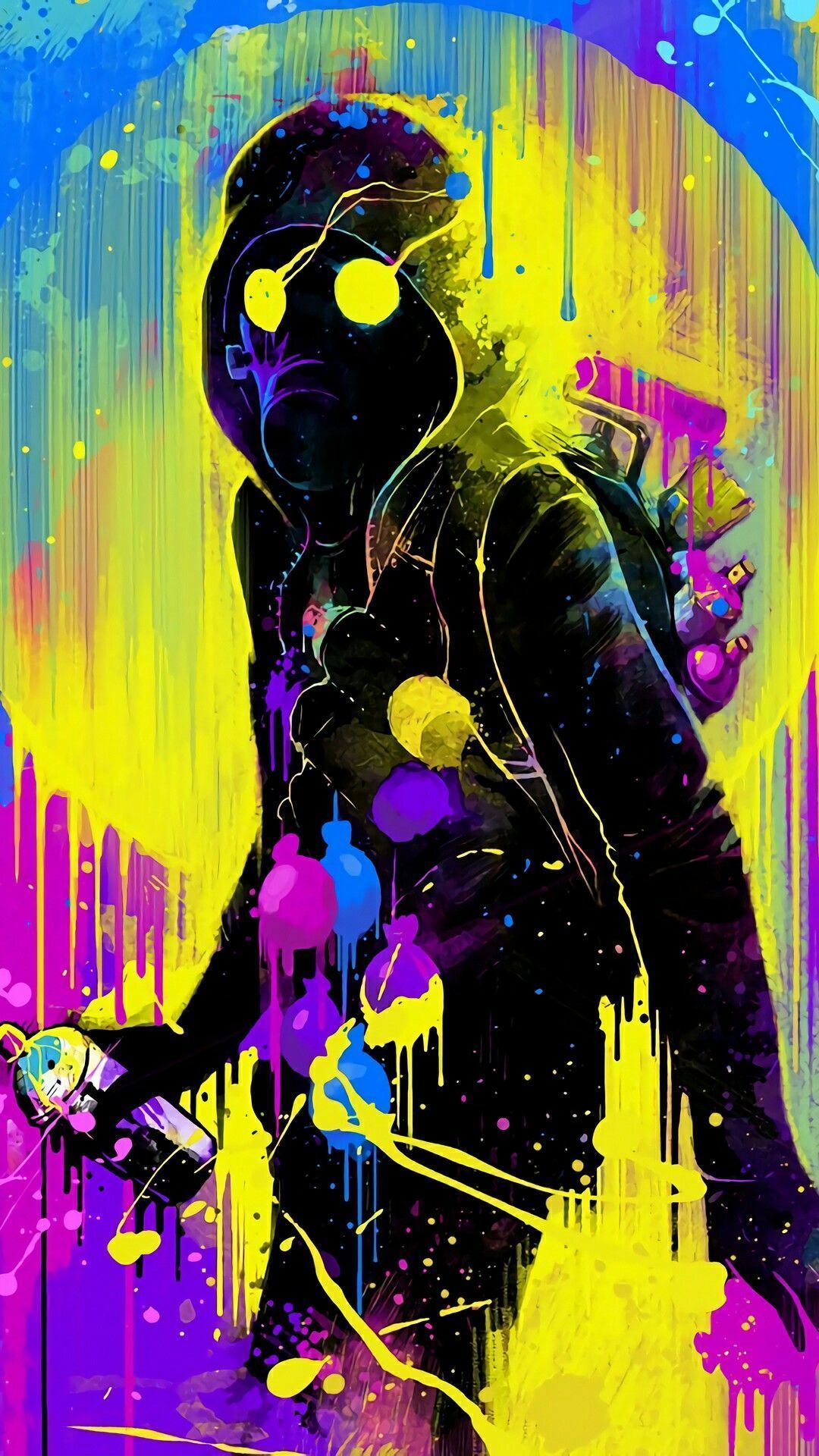 A man in black and yellow with paint splattered all over him - Graffiti